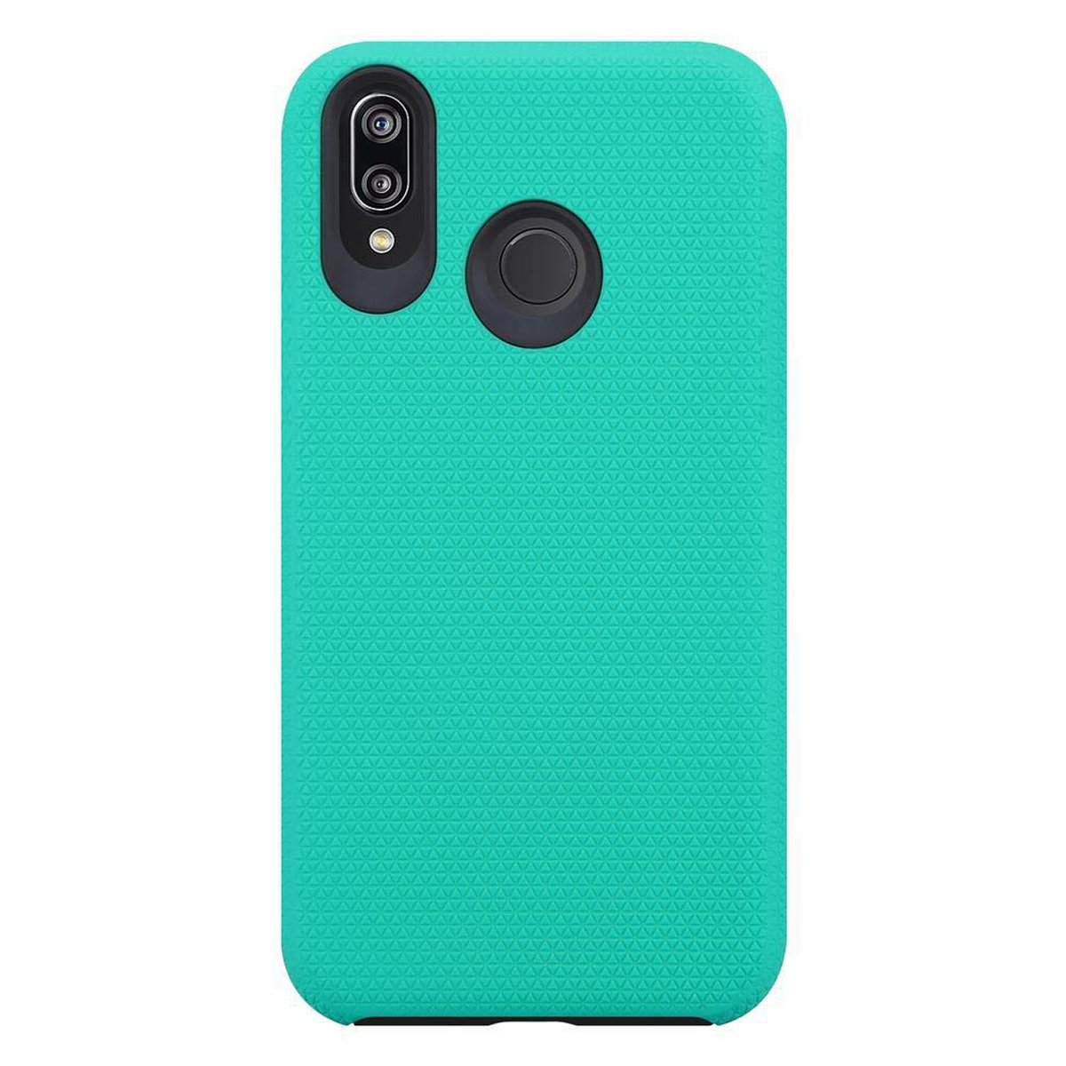Custodia del telefono verde acqua, la parte posteriore. Il retro ha fori per la fotocamera e il sensore di impronte digitali. Ha un design strutturato.