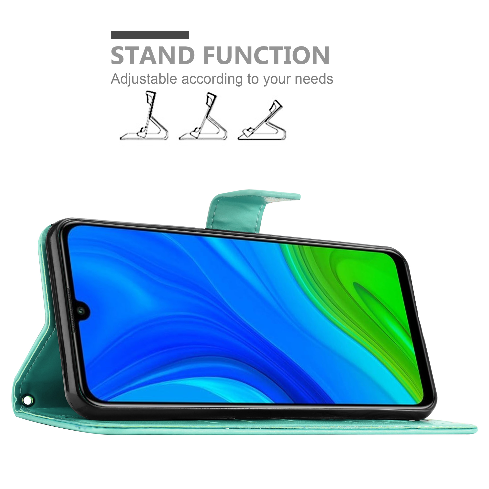 Un telefono è mostrato in una custodia verde acqua. Il telefono è rialzato per la visualizzazione. La custodia è verde acqua.