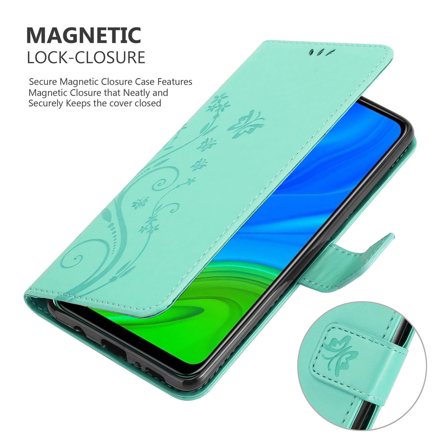 Custodia per telefono verde menta con design floreale, aperta, che mostra lo schermo di un telefono. Testo: Chiusura magnetica.
