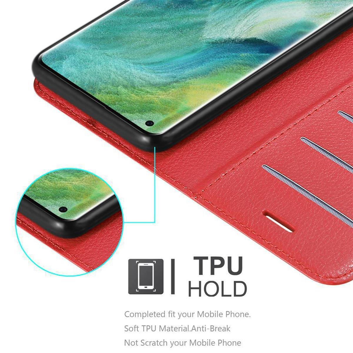 Una custodia rossa è aperta, mostrando un telefono. La custodia ha un supporto in TPU ed è fatta per adattarsi.