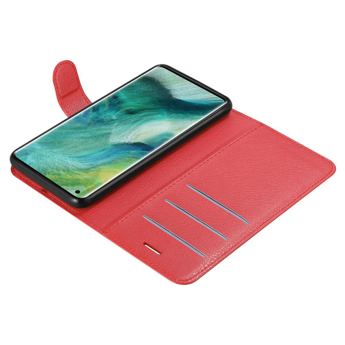 Custodia per telefono rossa con un telefono all'interno. La custodia è aperta e lo schermo è acceso.