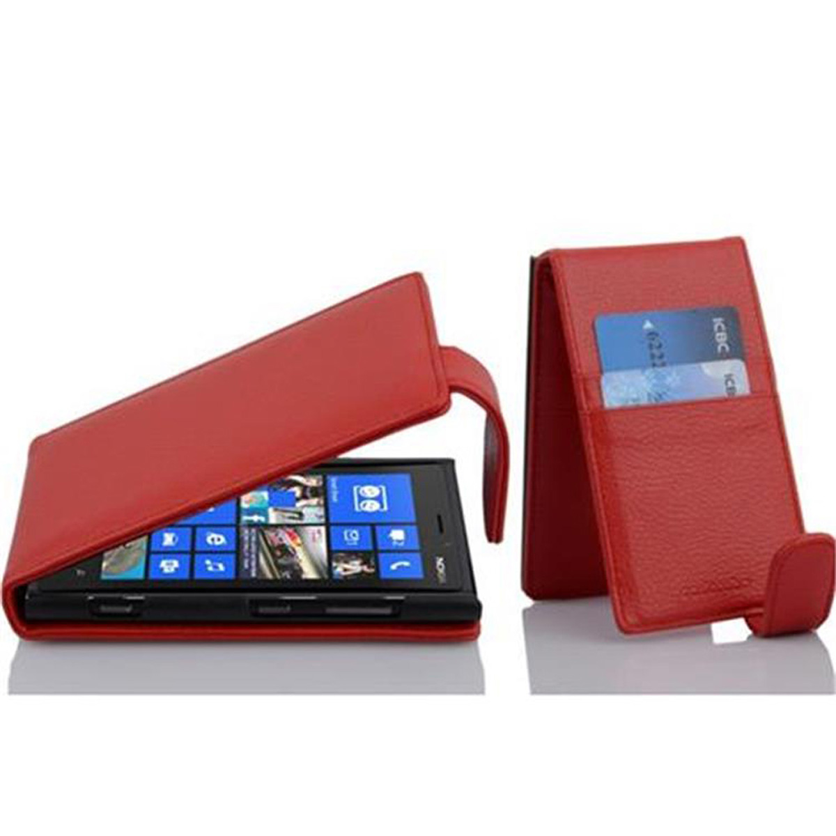 Étui de téléphone rouge avec téléphone à l'intérieur. Étui ouvert. Poches pour cartes visibles.
