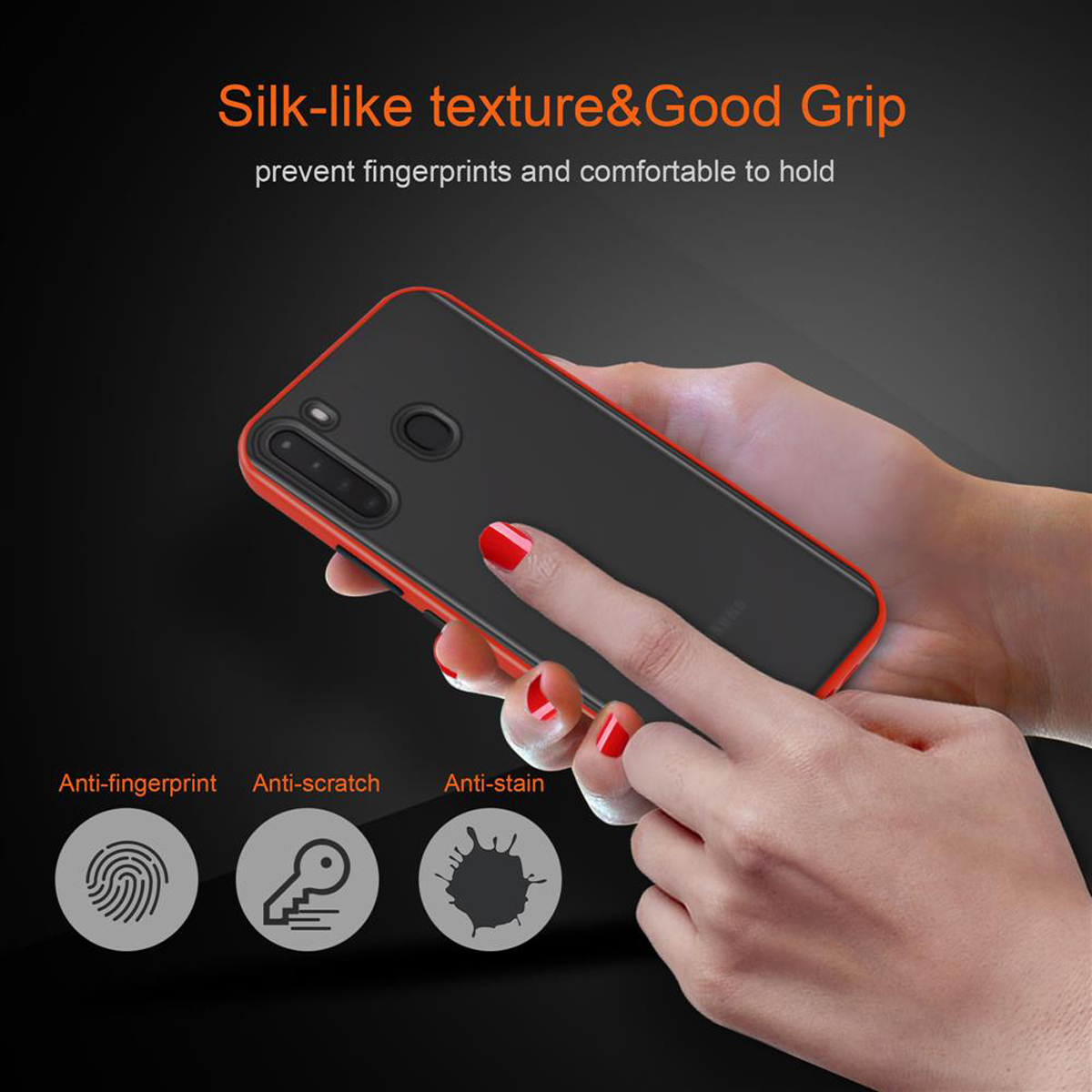 Mani che tengono un telefono in una custodia rossa e nera. Con icone anti-impronta.