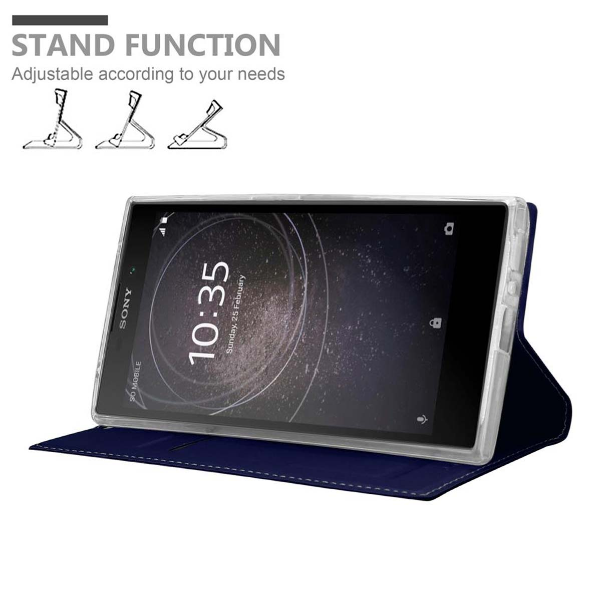Blaue Handyhülle mit einem Telefon darin. Das Telefon ist geöffnet und im Ständermodus.