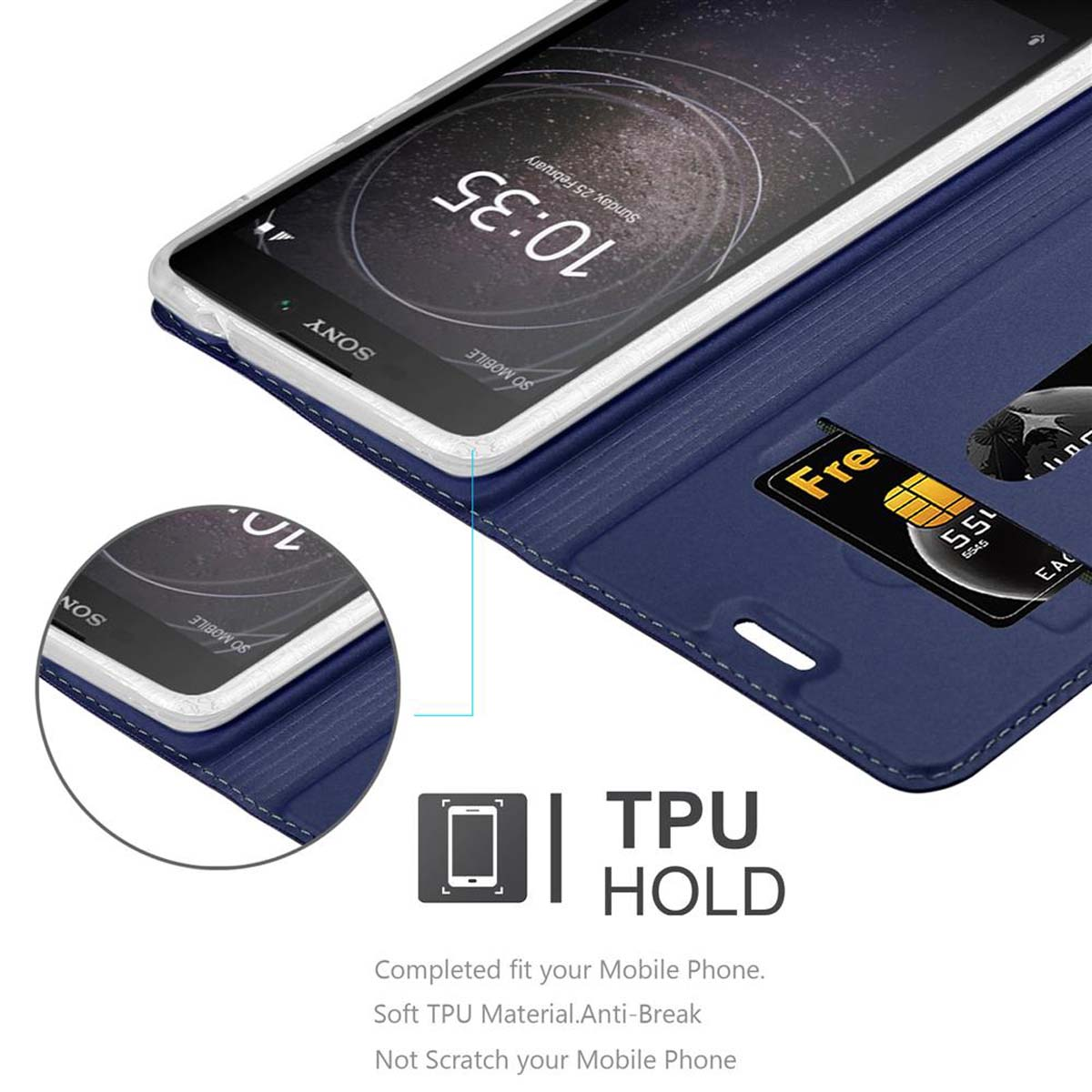 Marineblaue Handyhülle mit Telefon, Kreditkarte sichtbar.