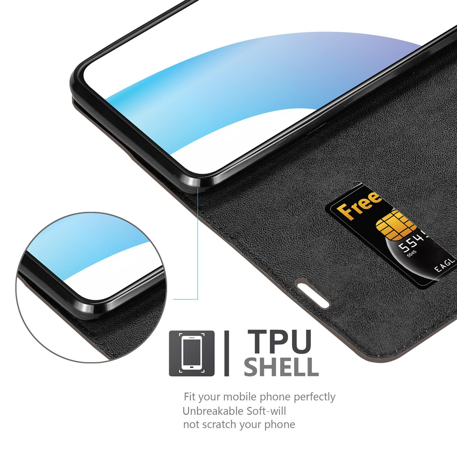 Custodia nera aperta, con telefono che mostra SIM e texture in pelle nera.