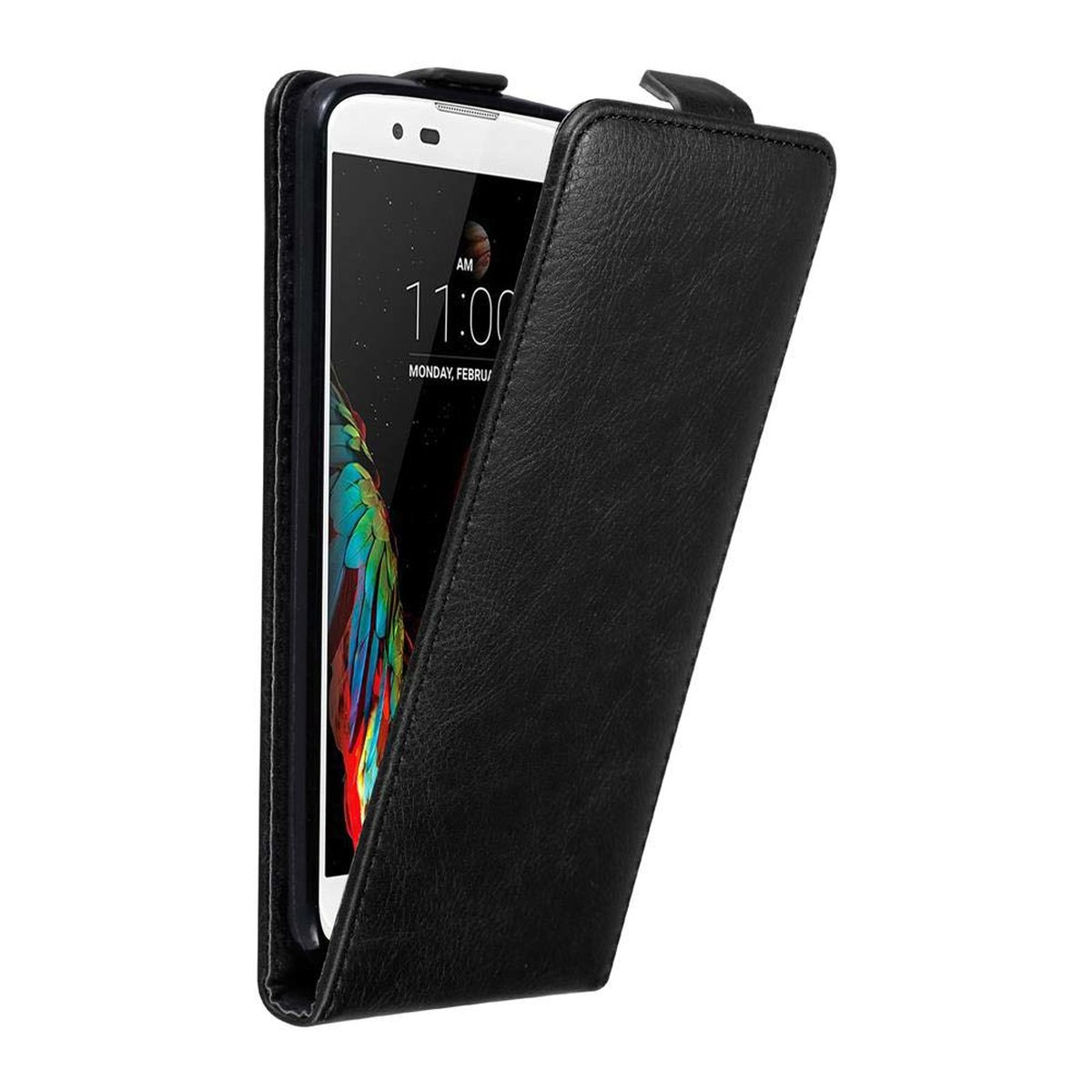 Funda negra para teléfono abierta, mostrando un teléfono con pantalla. Funda tipo cuero.
