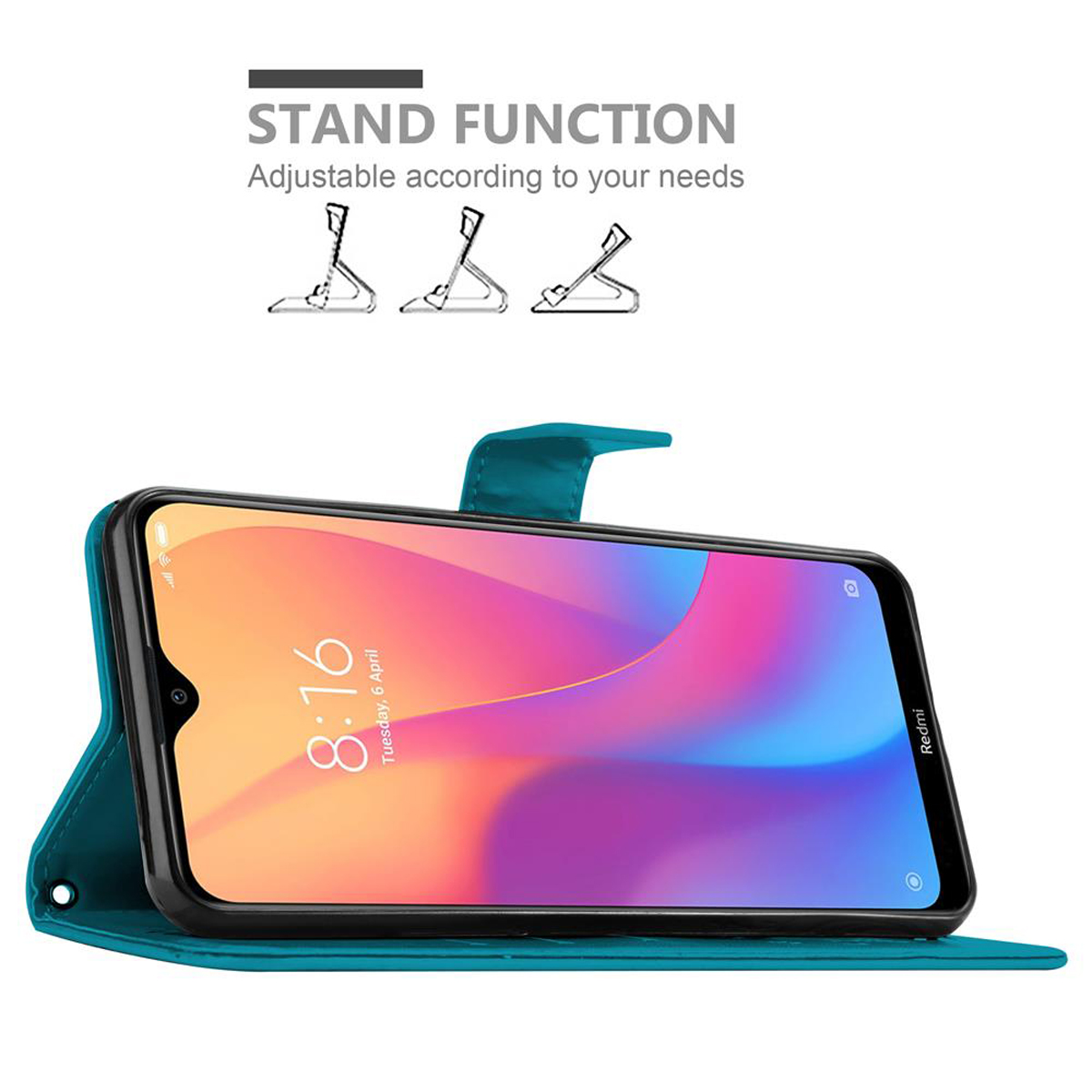 Türkisfarbene Handyhülle mit Telefon, das Zeit und Datum anzeigt, geöffnet und stehend.