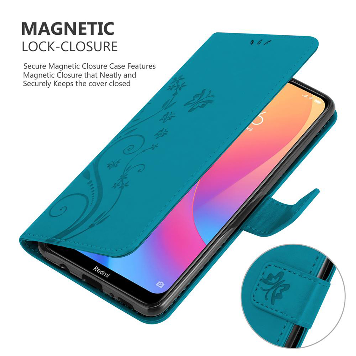 Eine türkisfarbene Handyhülle, offen, mit einem Telefon darin. Die Hülle hat einen Magnetverschluss und Blumendesign.