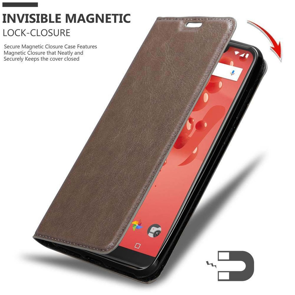 Braune Handyhülle, offen, mit Telefon, das roten Bildschirm zeigt. Text: INVISIBLE MAGNETIC LOCK-CLOSURE.