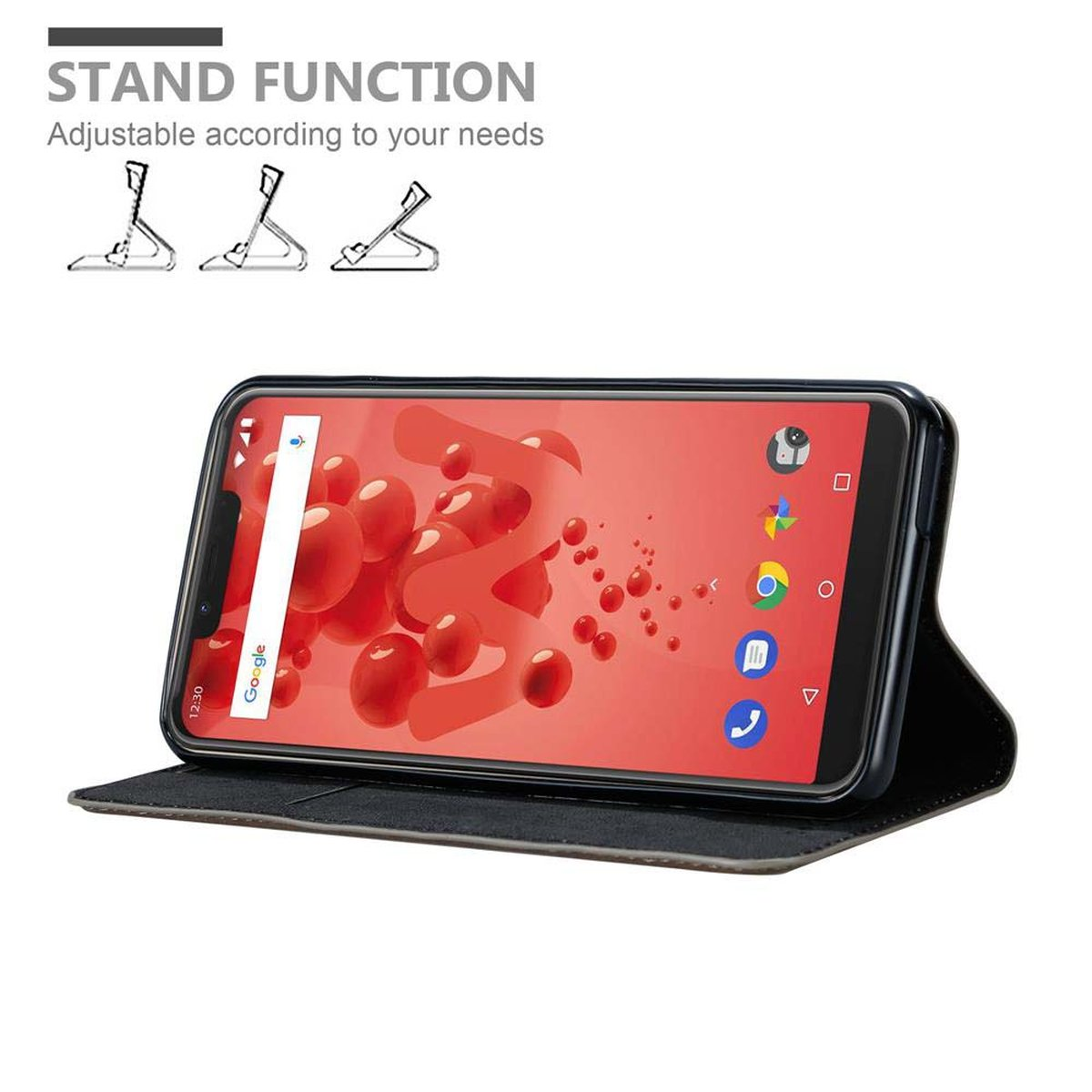 Telefon in schwarzem Etui, offen, als Ständer aufgestellt. Text: Standfunktion.