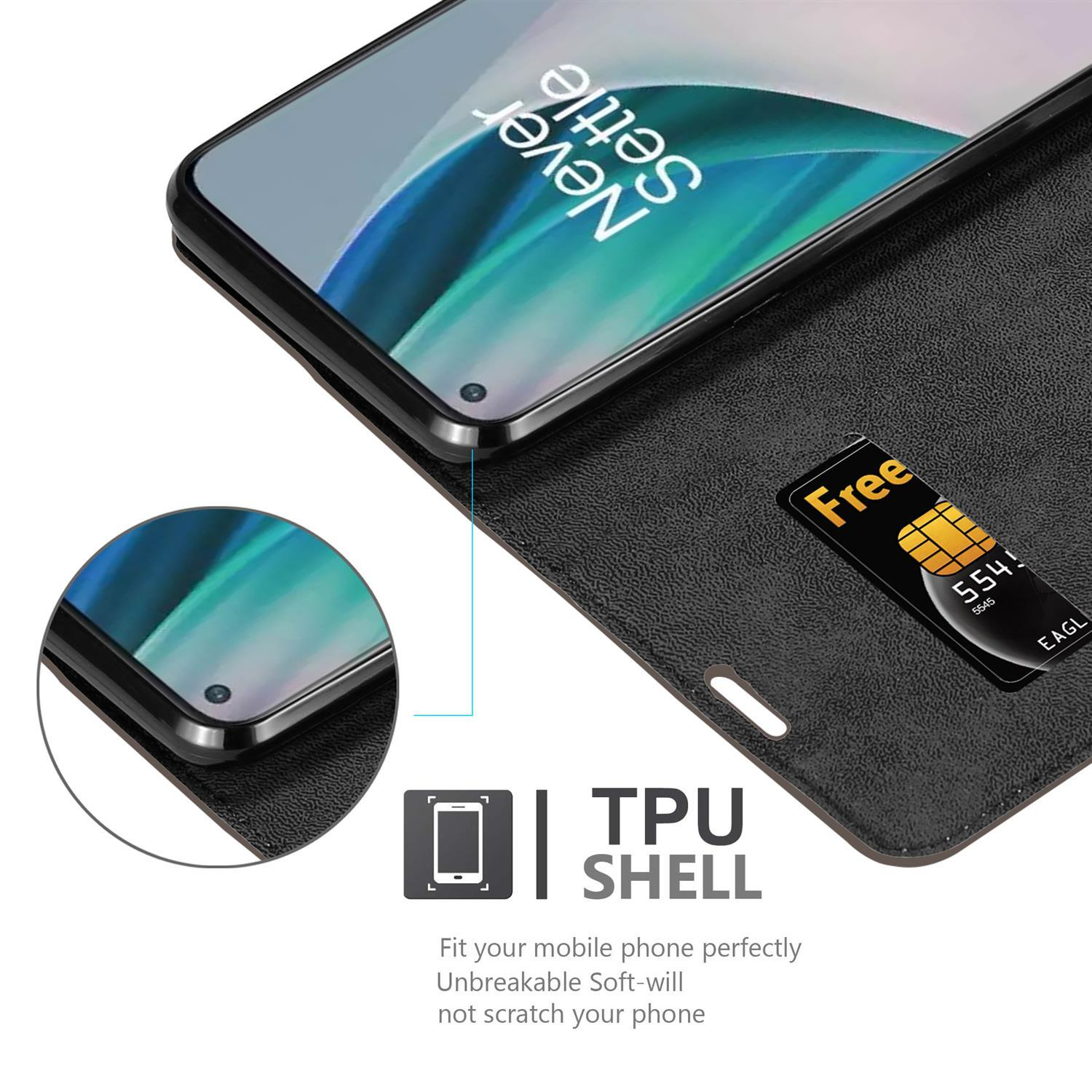 Custodia a portafoglio nera aperta, con telefono e scheda. Testo: TPU SHELL.