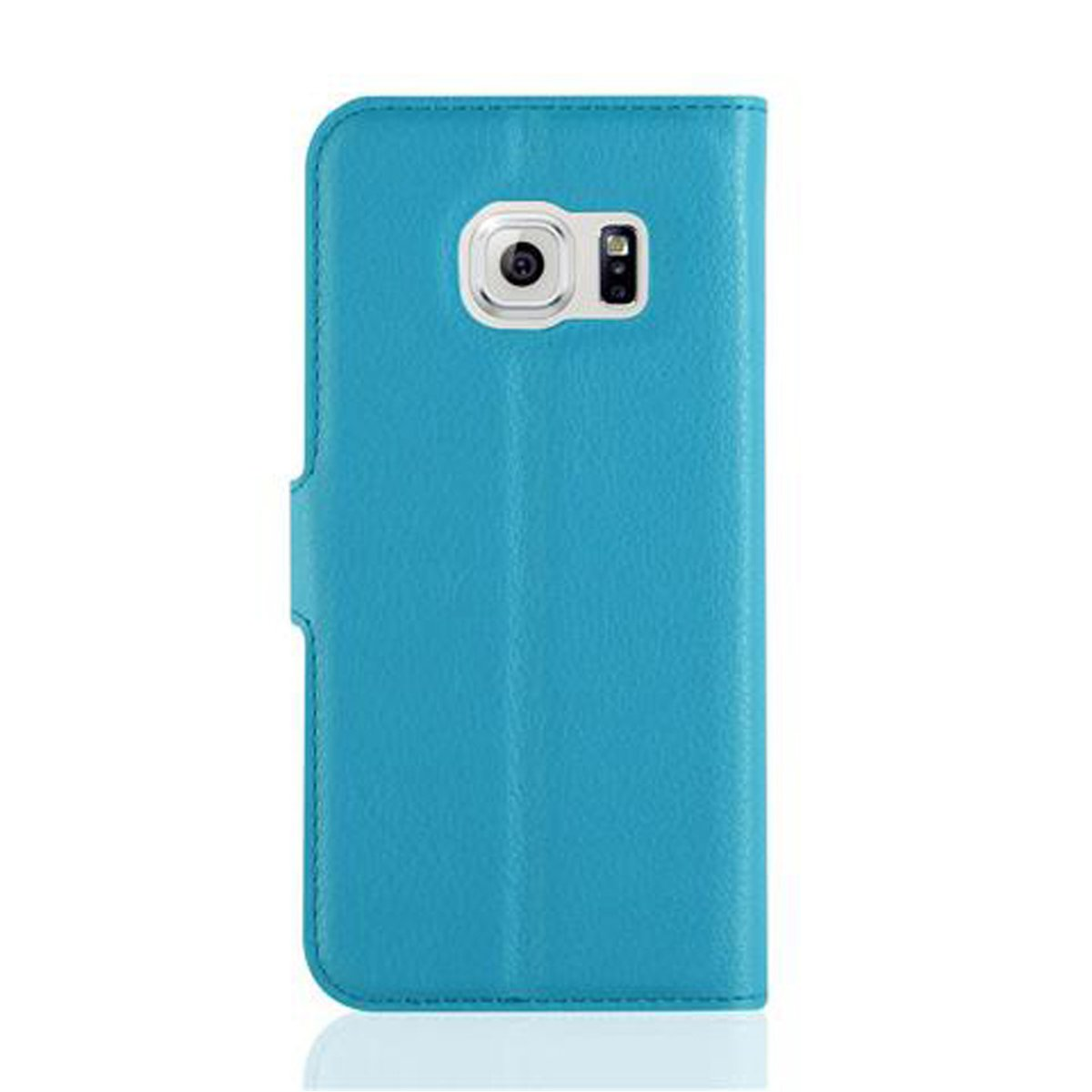 Custodia per telefono blu chiusa. La fotocamera è visibile. La custodia è chiusa.