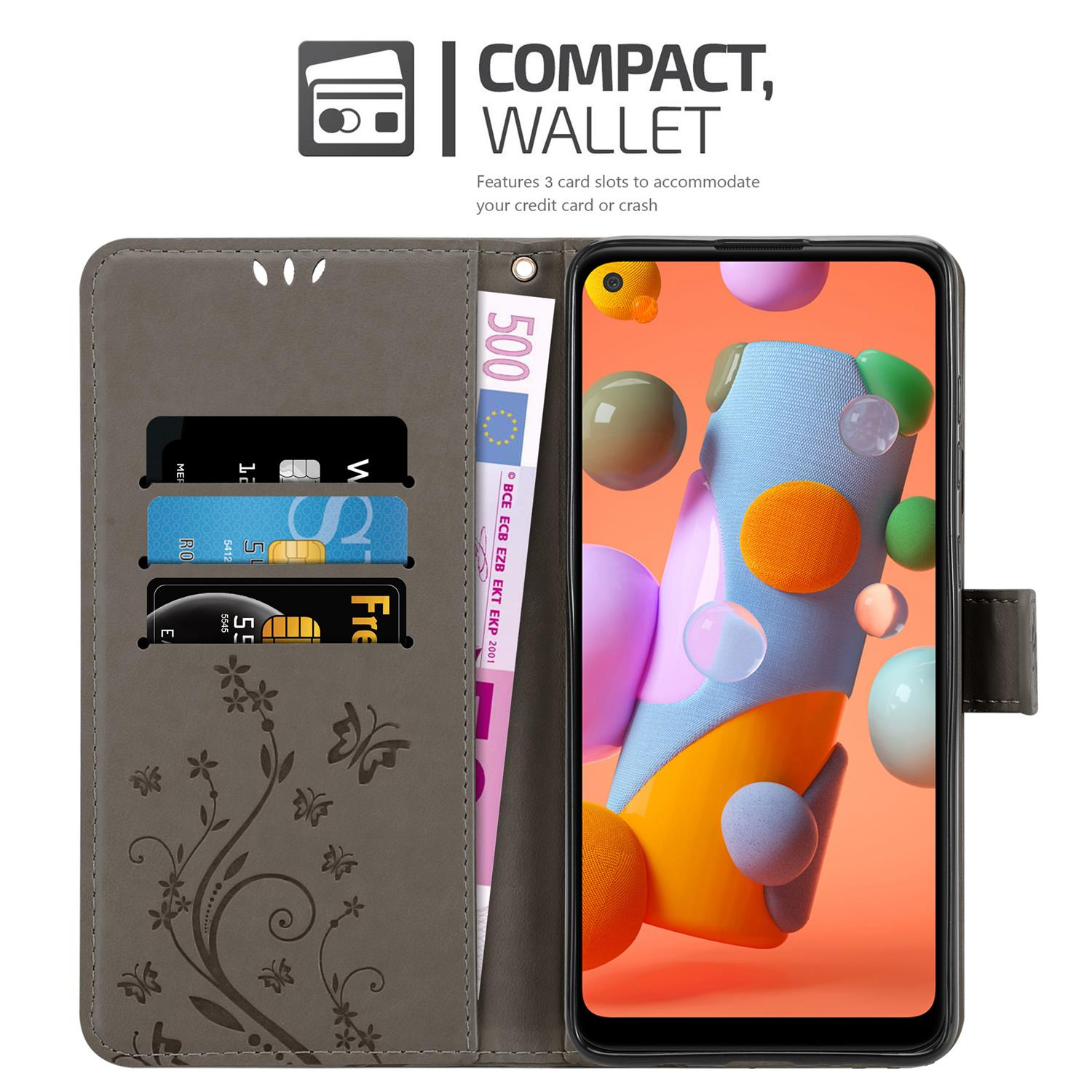 Custodia per telefono grigia aperta, con telefono, carte e denaro. Testo: COMPACT, WALLET.