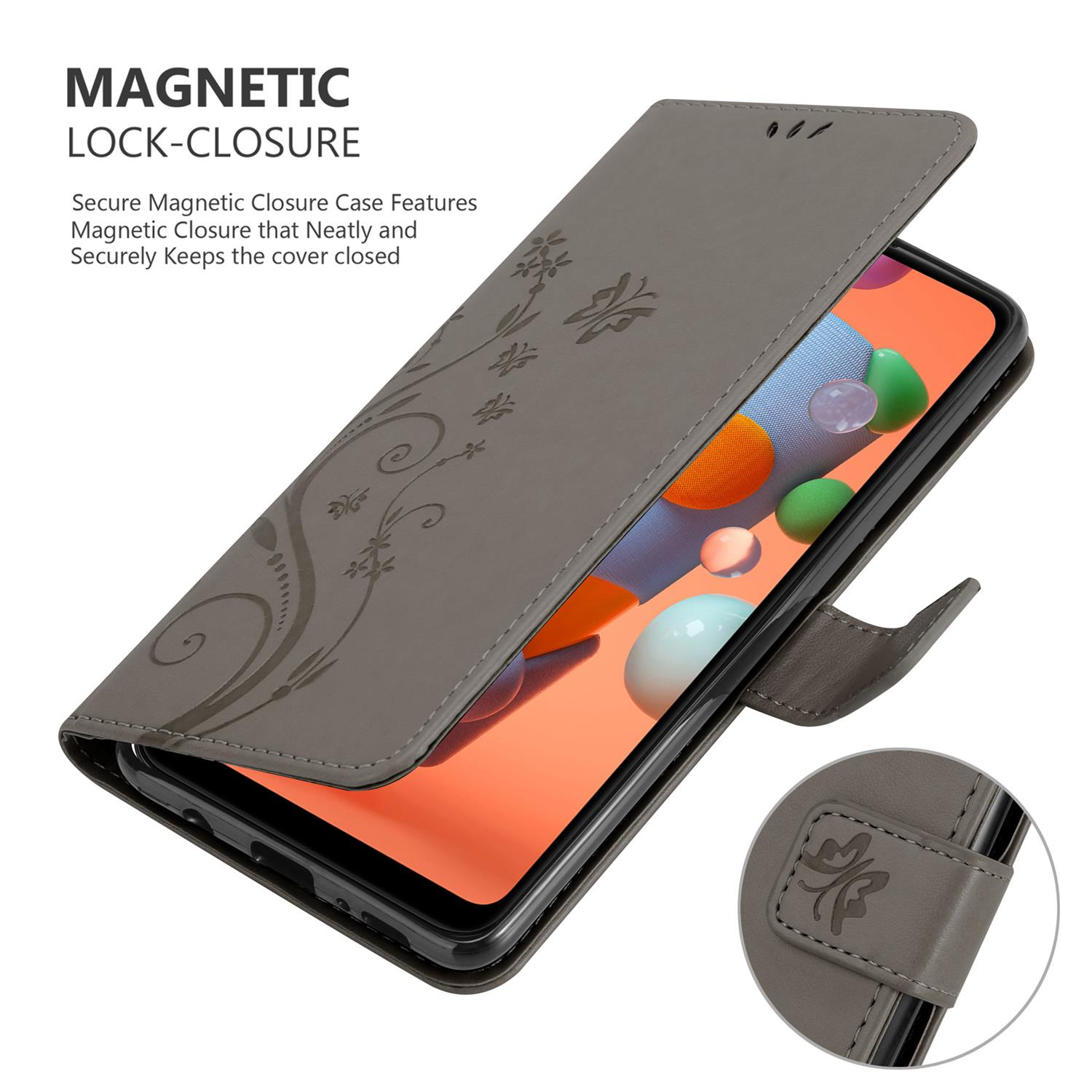 Custodia grigia aperta, che mostra un telefono all'interno, con design floreale e chiusura magnetica.