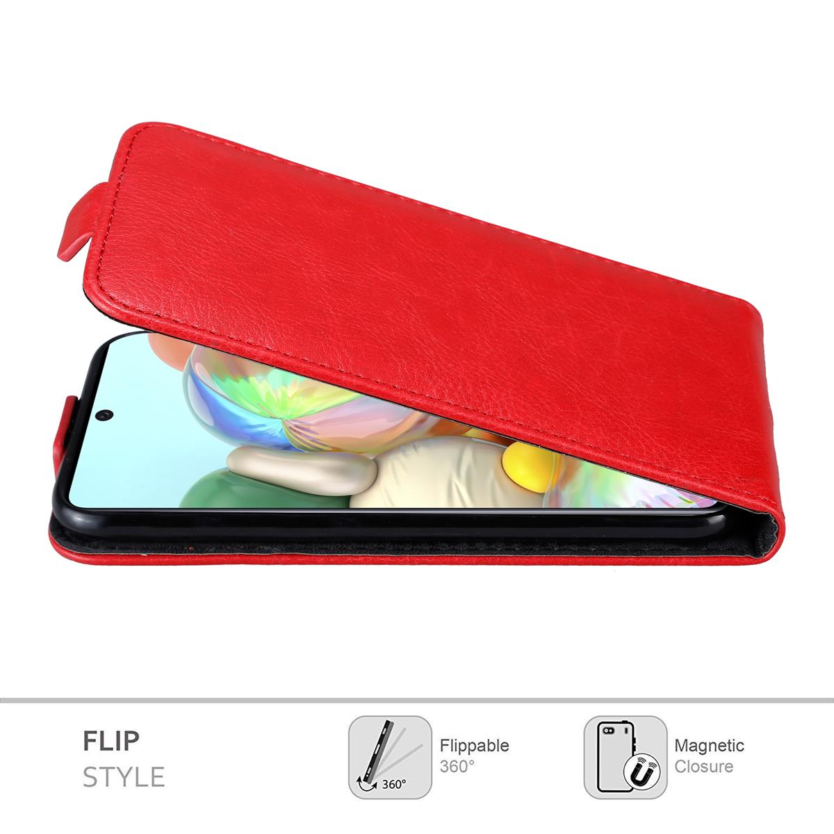 Rote Flip-Handyhülle geöffnet, zeigt Telefonbildschirm. Darunter Symbole für Flip, 360° und Magnetverschluss.