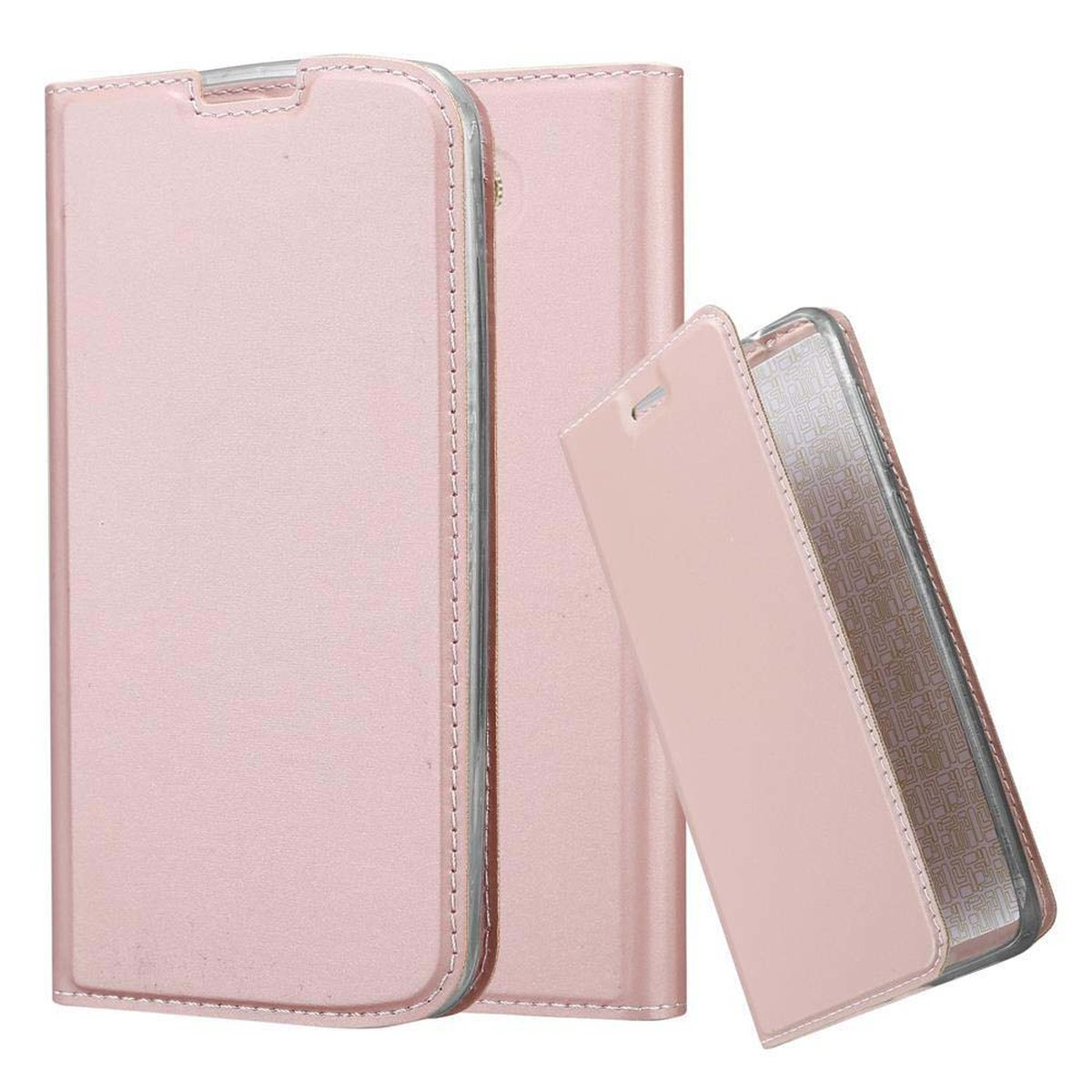 Custodie per telefono rosa. Una è aperta e l'altra è chiusa. Entrambe le custodie hanno una superficie liscia e lucida.