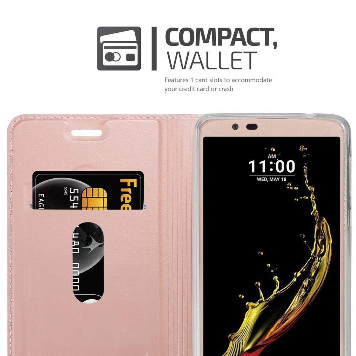 Custodia rosa aperta, con fessura per carte e telefono che mostra la schermata iniziale, con una carta.
