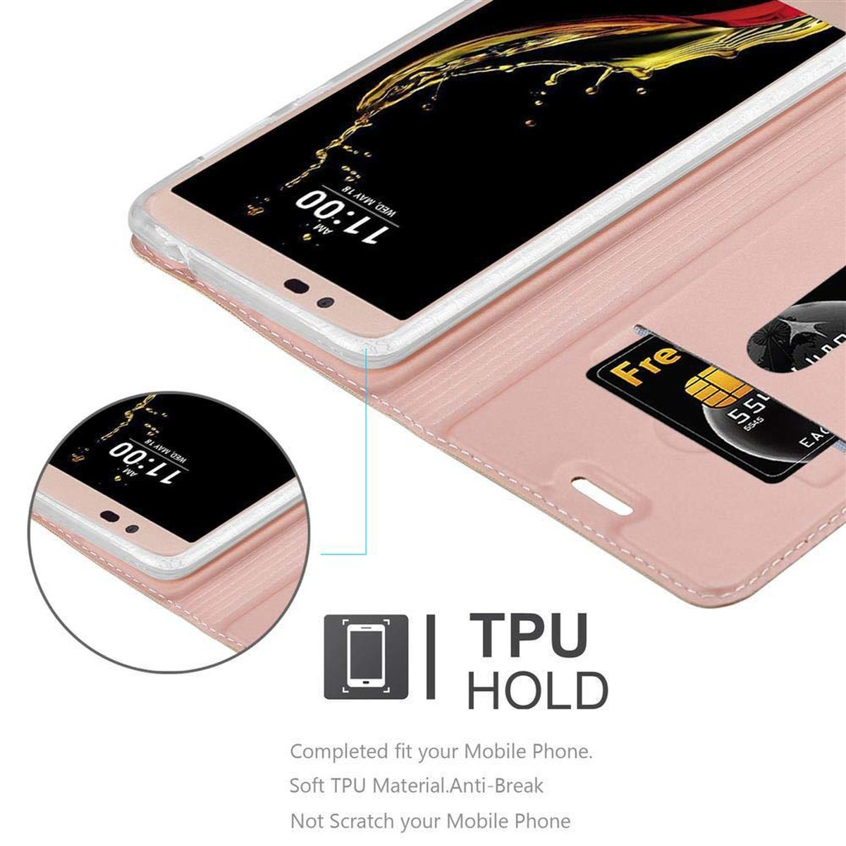Telefono in una custodia a portafoglio rosa, aperta. Carta e schermo del telefono visibili. L'ora è 11:00.