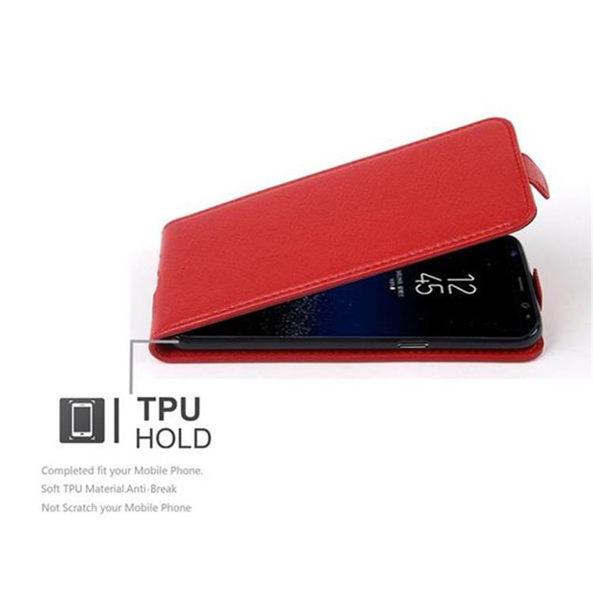 Custodia rossa aperta, telefono dentro. Testo bianco dice TPU HOLD e descrizione.