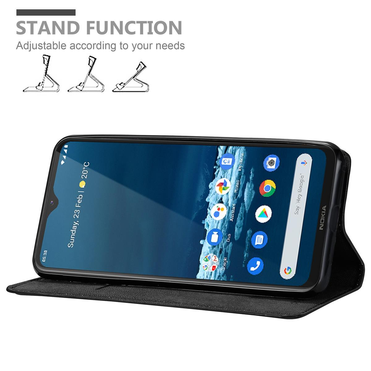 Schwarze Handyhülle offen. Telefon ist innen. Standfunktion wird mit drei verschiedenen Winkeln gezeigt.