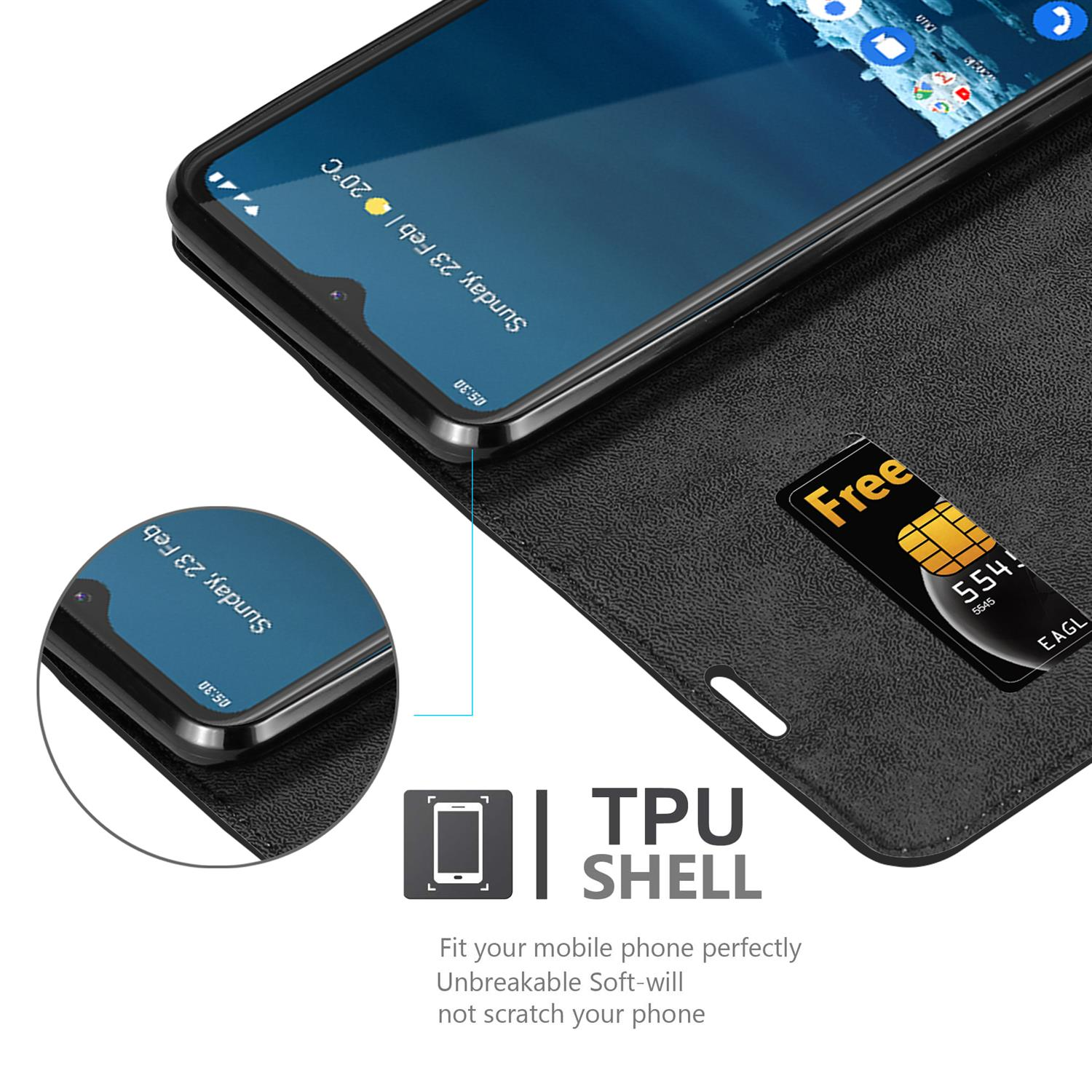 Telefon in einer schwarzen Hülle. Eine SIM-Karte ist vorhanden. Telefon zeigt Datum und Uhrzeit.