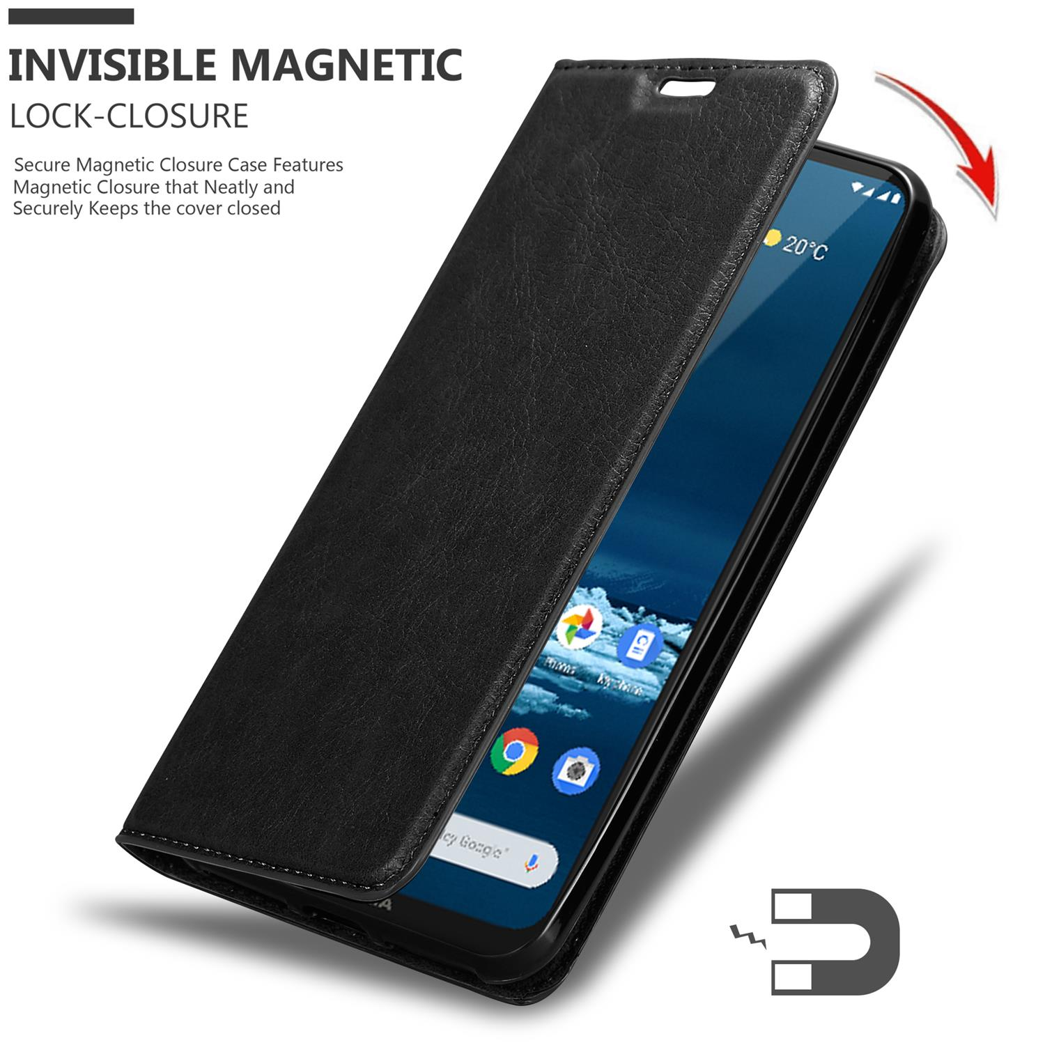 Schwarze Leder-Handyhülle mit Telefon im Inneren. Text: Unsichtbarer Magnetverschluss. Weißer Hintergrund.