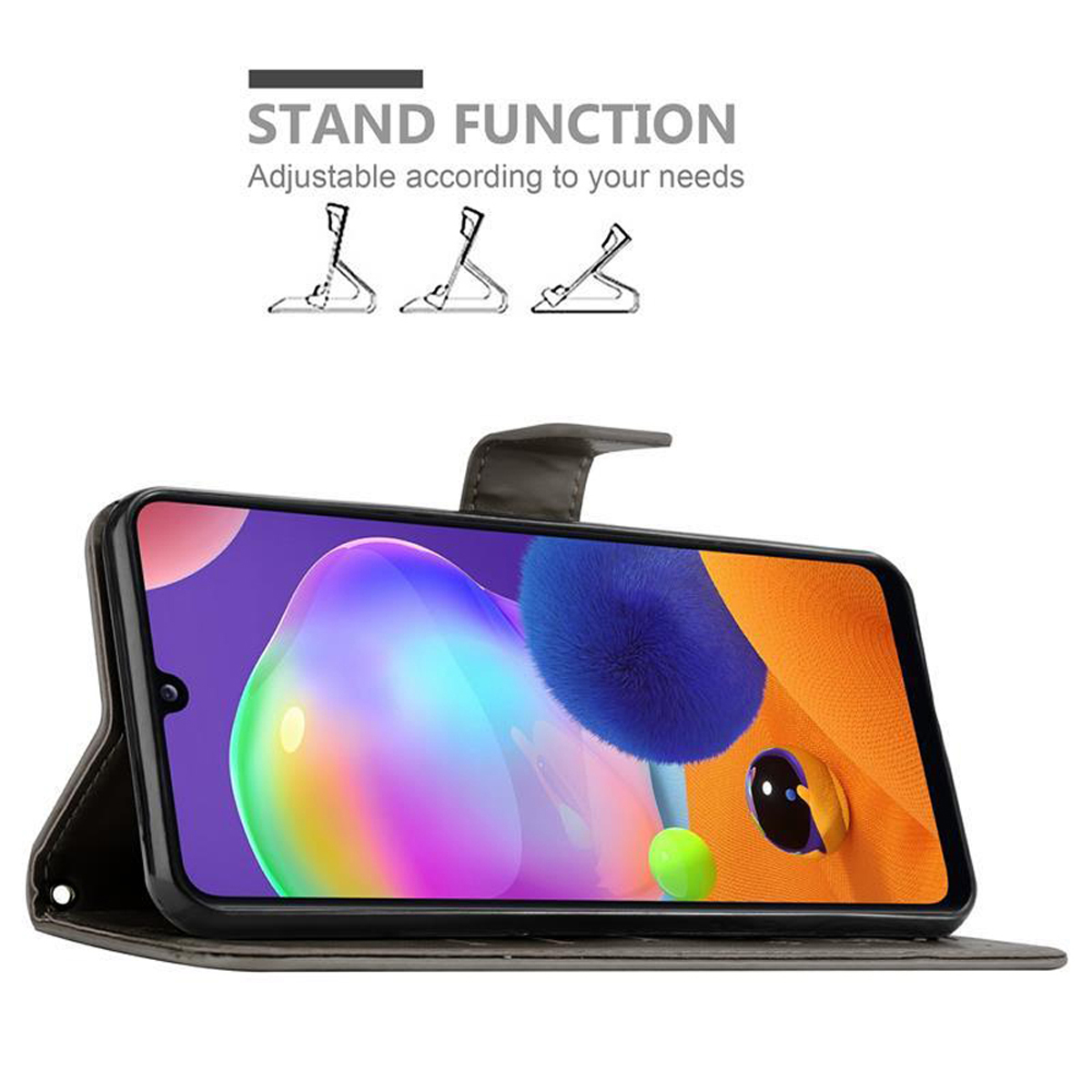 Un telefono nero in una custodia grigia, con una funzione di supporto. Lo schermo del telefono mostra immagini colorate.