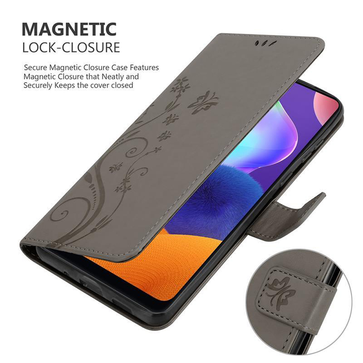 Custodia per telefono grigia, aperta, con design floreale. Telefono all'interno e chiusura magnetica visibile.