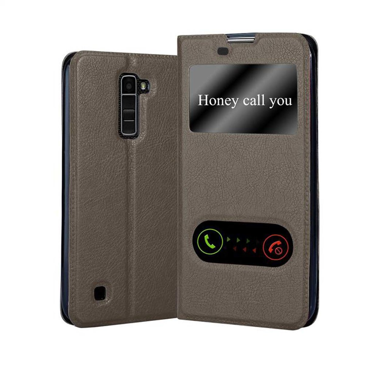 Funda marrón con ventana y texto: Honey call you.
