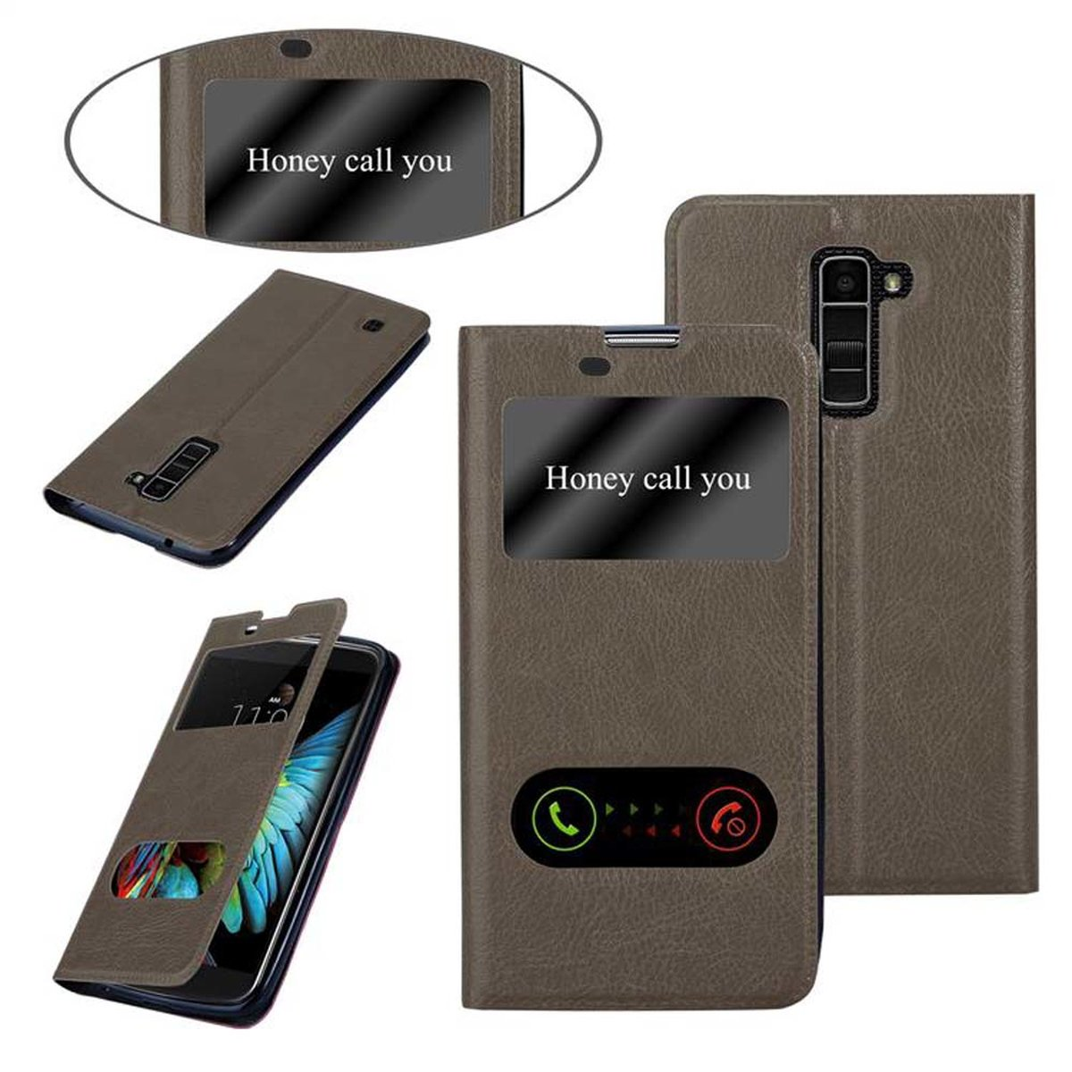 Funda de teléfono con ventana, mostrando una pantalla con texto. Dice: 'Honey call you'. Cuero marrón.