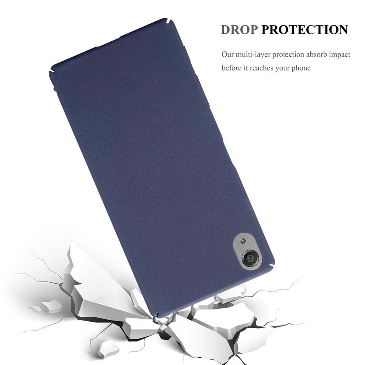 Custodia per telefono blu navy su una superficie incrinata. Testo: Protezione dalle cadute.