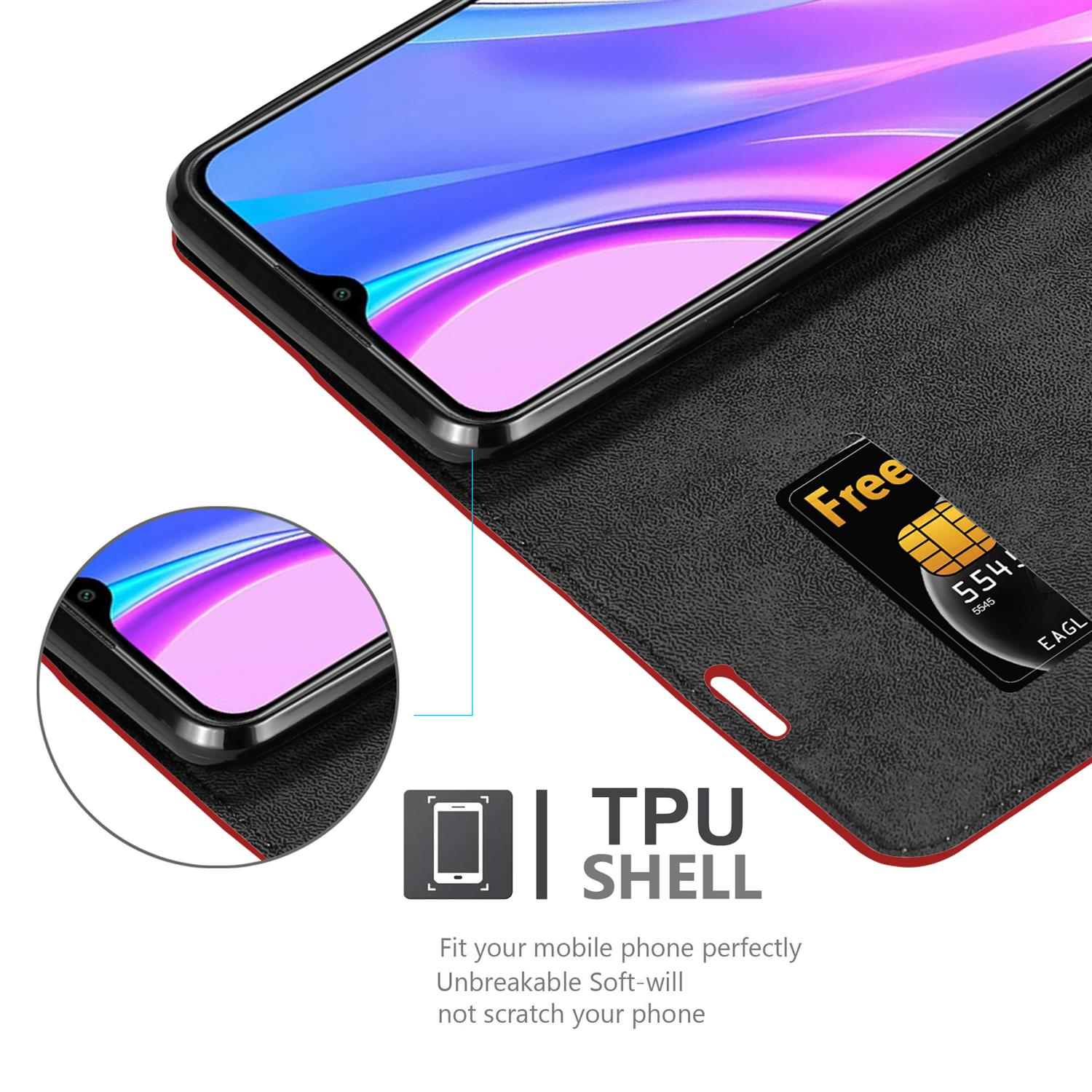 Nahaufnahme einer geöffneten Handyhülle mit Telefon, kostenloser SIM-Karte und TPU-Shell-Etikett mit Beschreibungen.