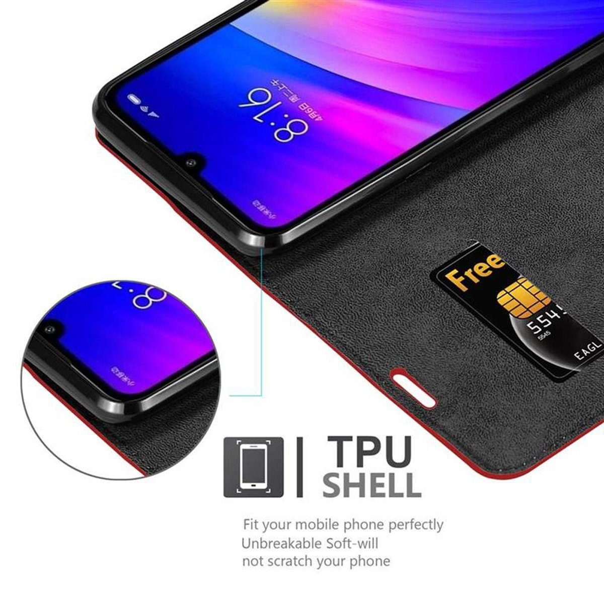 Un telefono in una custodia. Lo schermo è acceso. La custodia è aperta. C'è una SIM card gratuita.