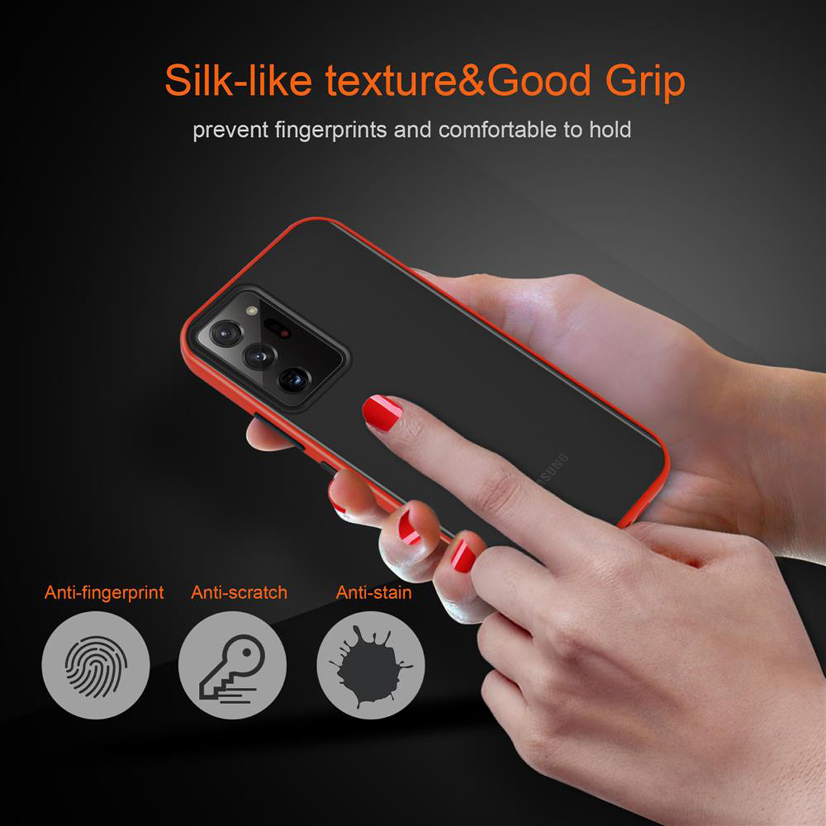 Hände halten ein Telefon in einer rot-schwarzen Hülle. Mit Anti-Fingerabdruck-Symbolen.