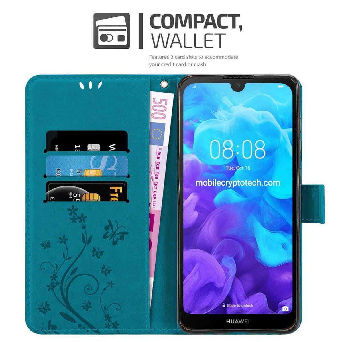 Custodia per telefono verde acqua, aperta, con un telefono che mostra l'ora e uno slot per carte con carte di credito e denaro.