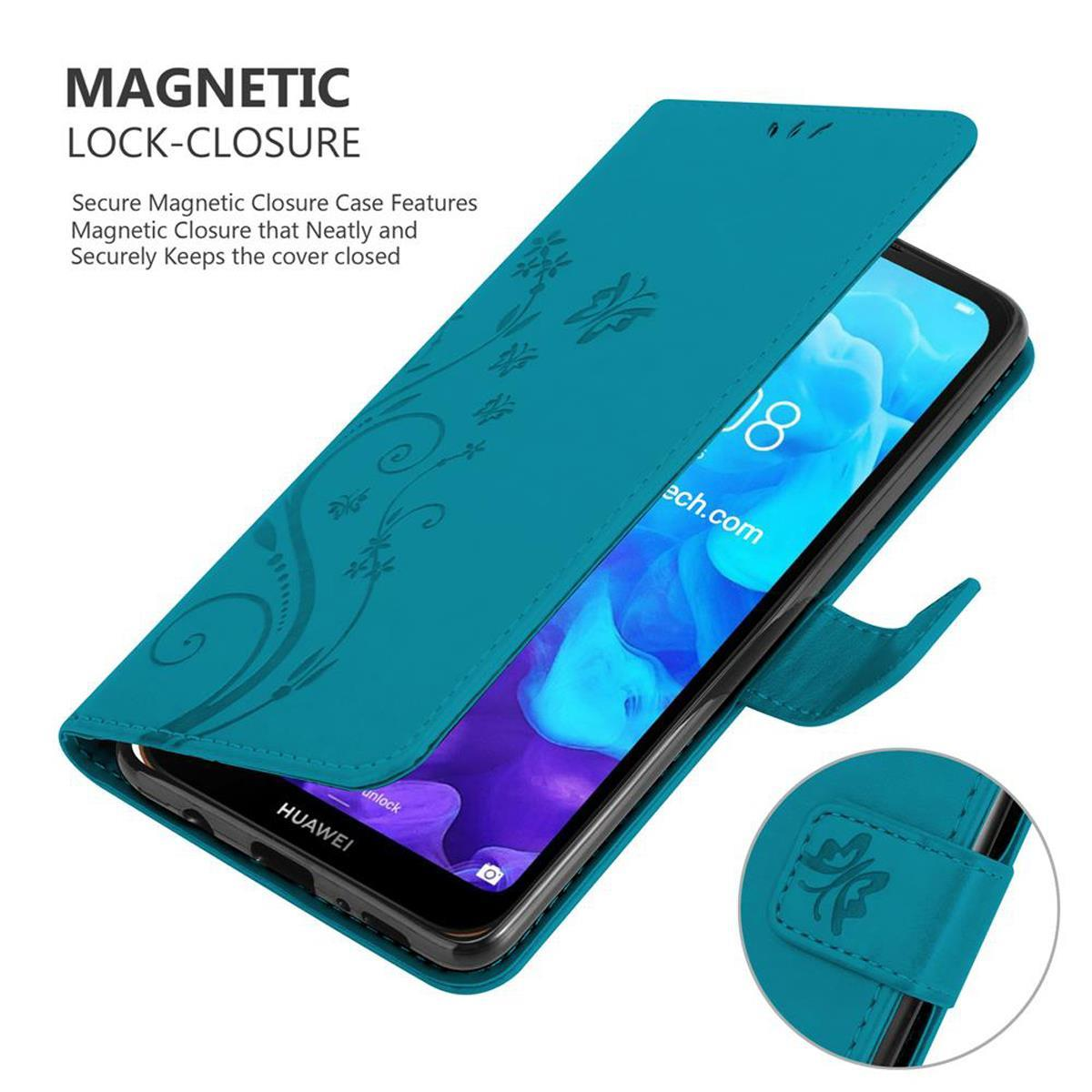 Custodia del telefono verde acqua aperta, che rivela lo schermo del telefono. Il testo recita: CHIUSURA MAGNETICA.