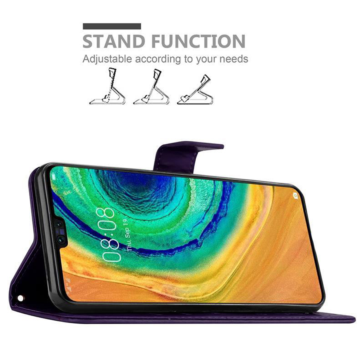 Custodia per telefono viola aperta con telefono in modalità stand. Lo schermo mostra l'ora: 08:08.