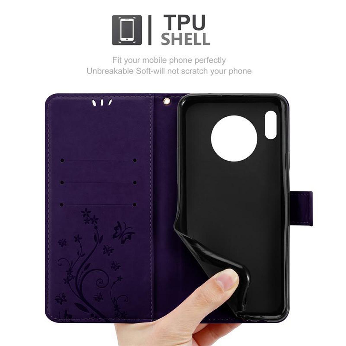 Una custodia per telefono viola aperta con un telefono all'interno. La custodia è decorata con un design floreale.