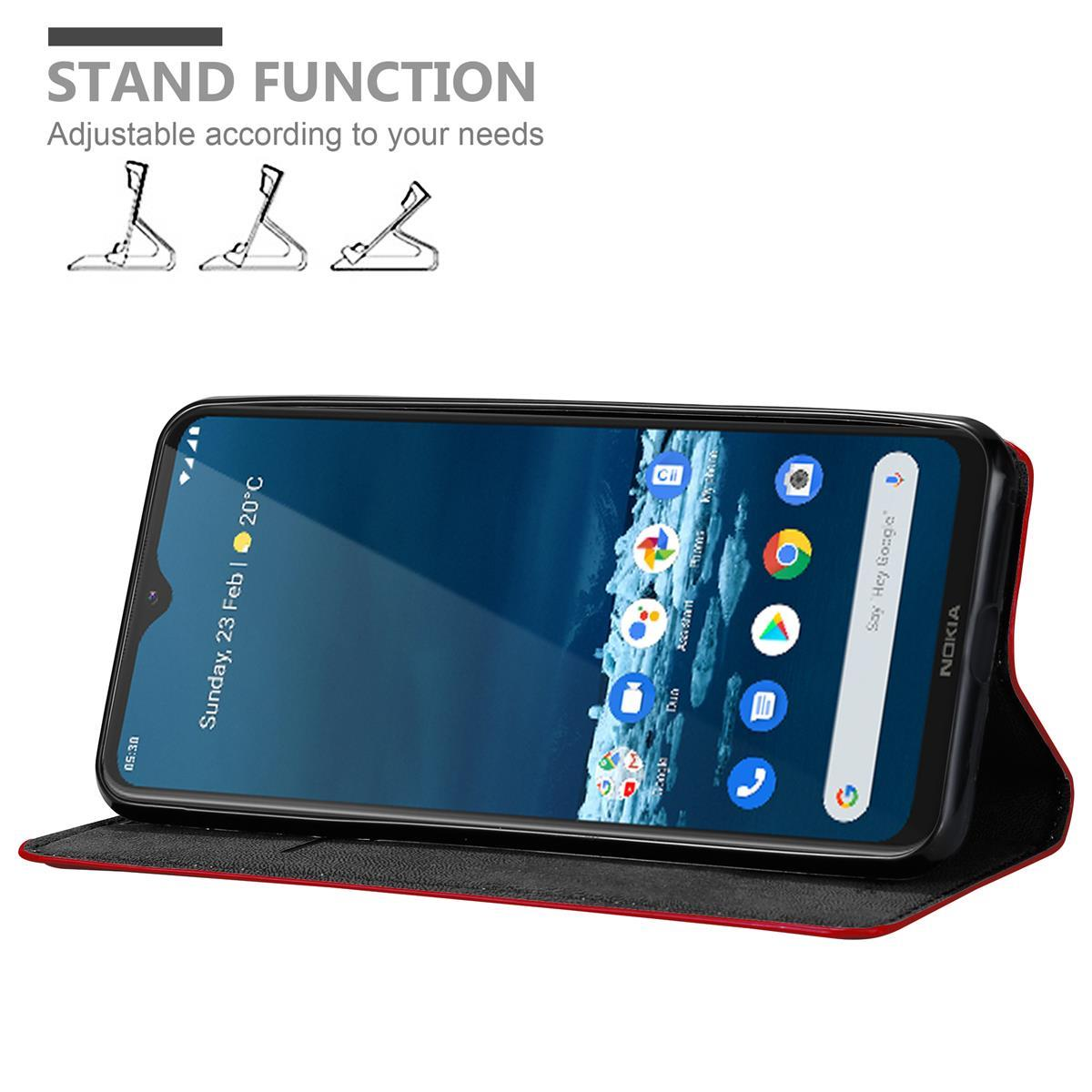Un telefono in una custodia, che mostra lo schermo, con una funzione di supporto, testo che dice 'stand function' e tre icone di supporto.