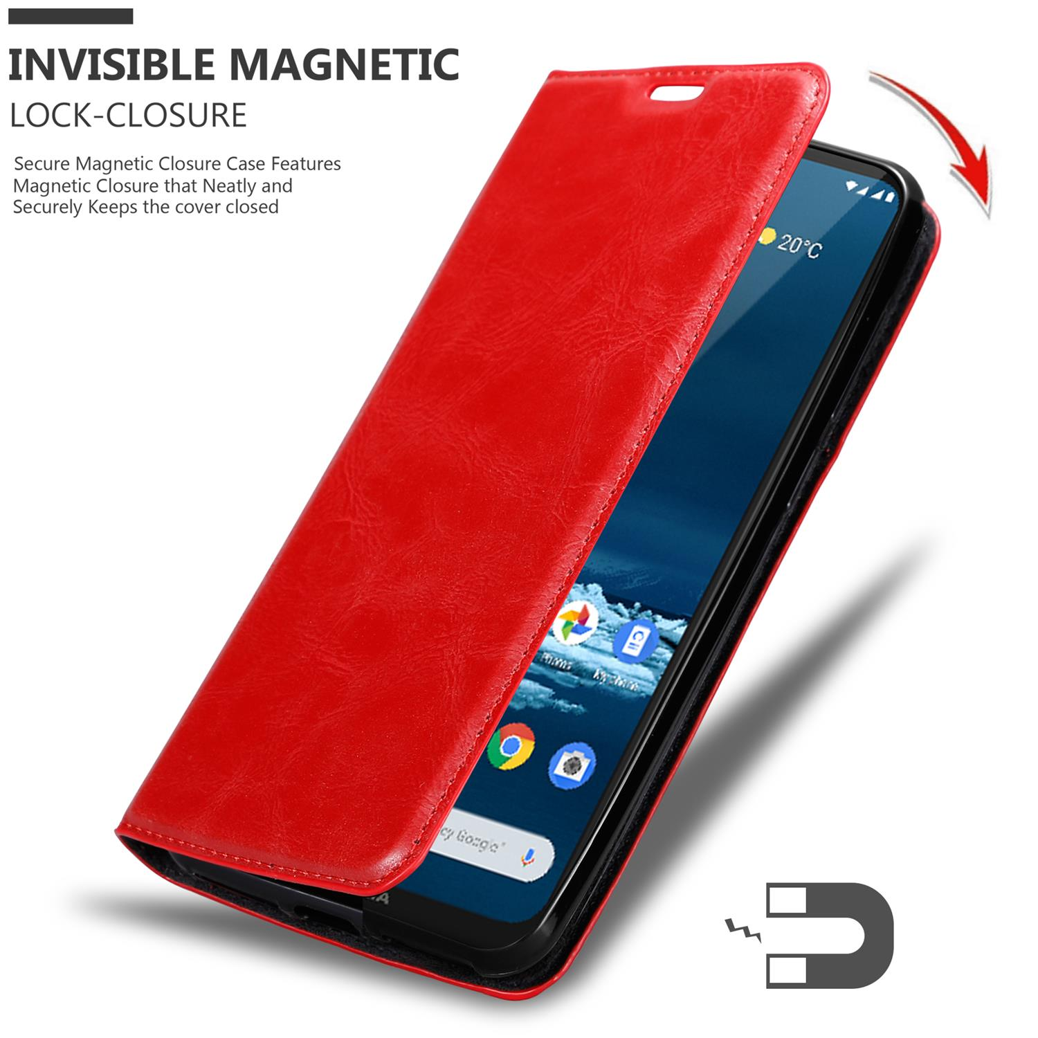 Custodia rossa aperta mostra un telefono con app. Magnete mostrato sul lato destro del telefono.