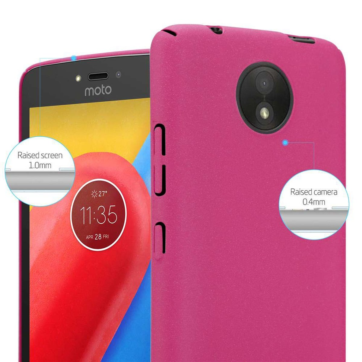 Custodia per telefono rosa con un telefono bianco all'interno. I primi piani mostrano le aree rialzate dello schermo e della fotocamera.