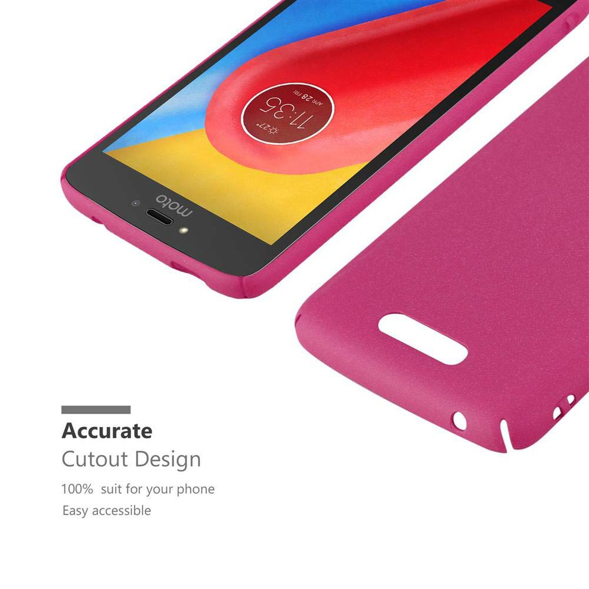 Custodia e telefono rosa, con retro rosa, schermo nero e sfondo bianco.