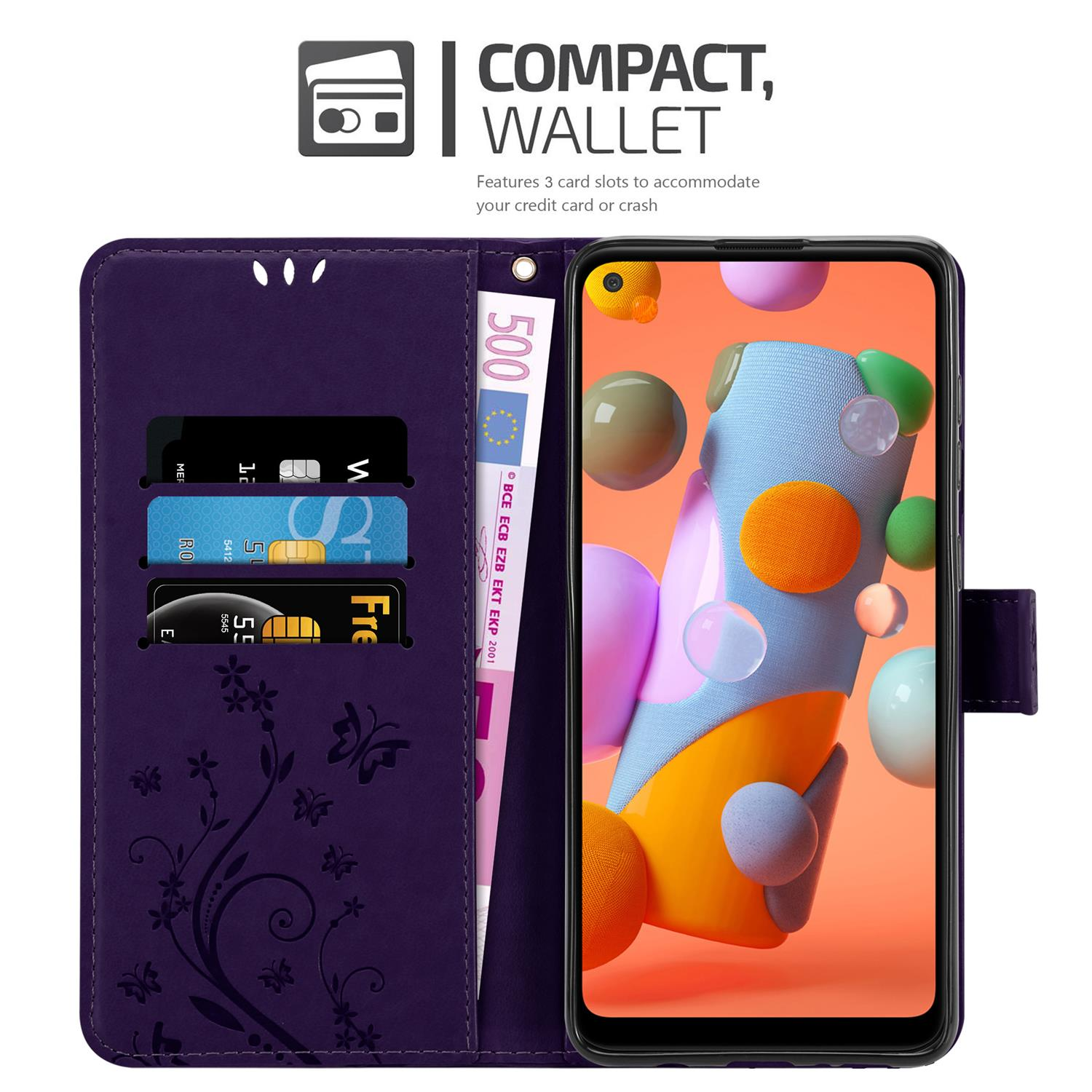 Custodia a portafoglio viola con telefono, carte di credito e denaro all'interno. Presenta un design floreale. Un telefono è dentro.