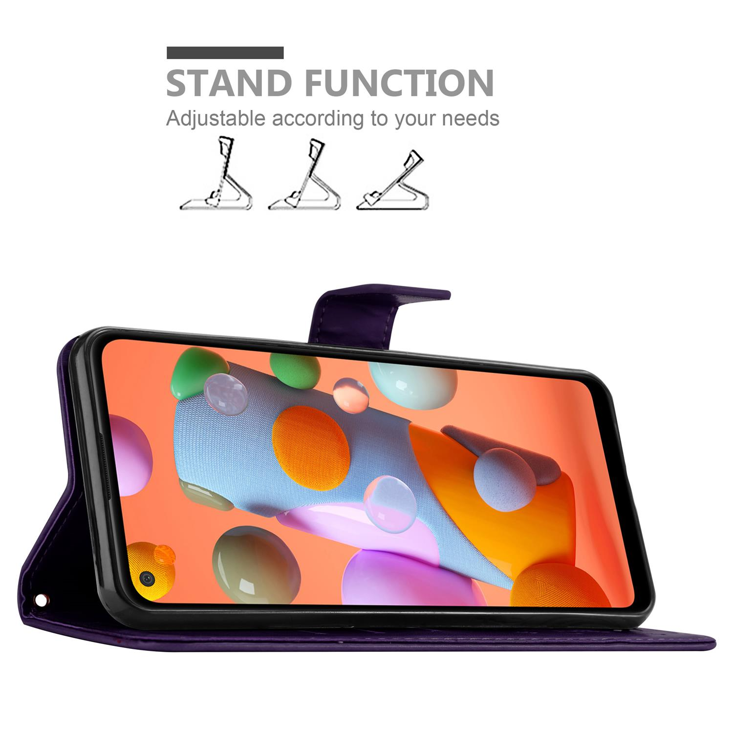 Custodia per telefono viola con telefono che mostra arte astratta colorata, con funzione supporto regolabile.