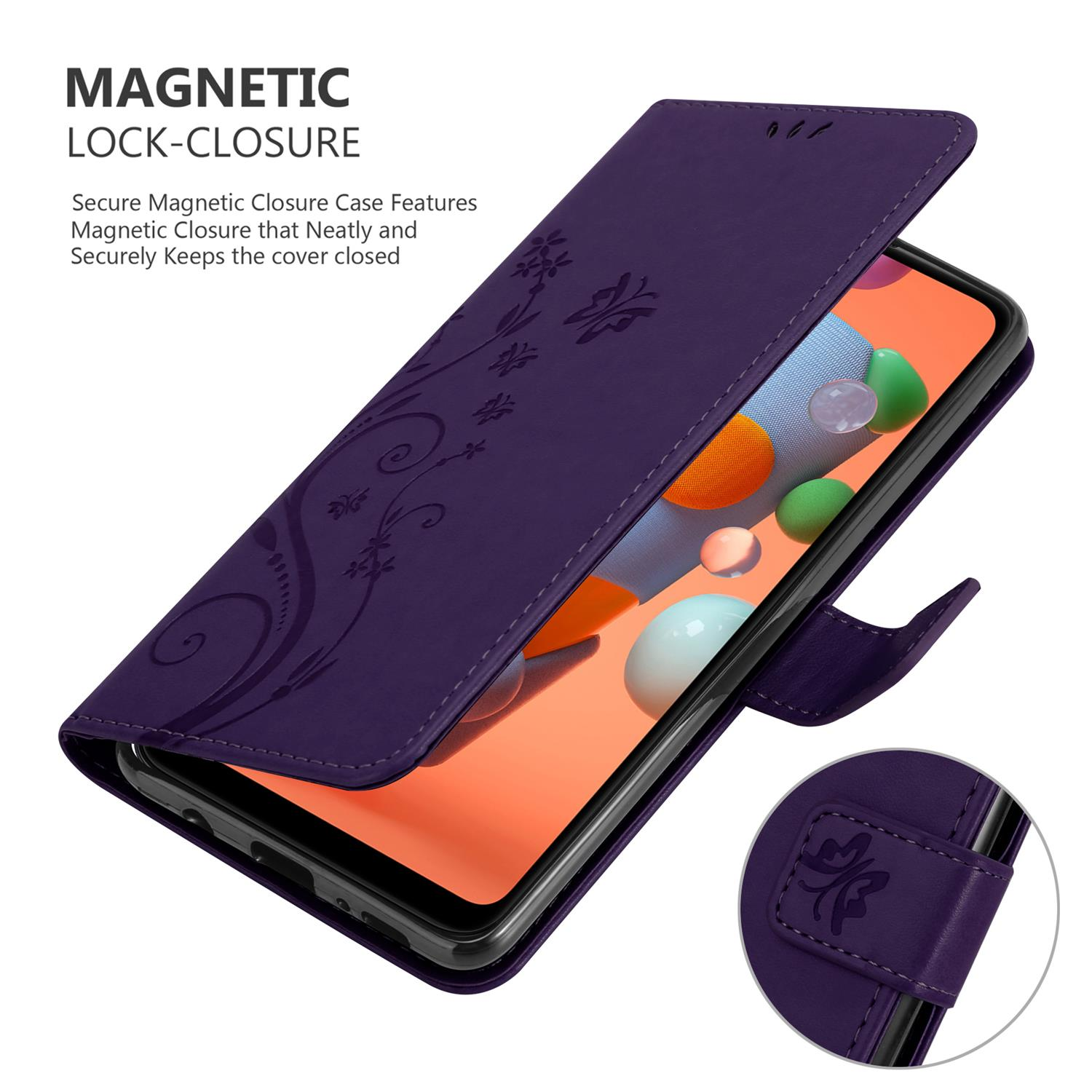 Una custodia per telefono viola con un telefono all'interno. Testo: MAGNETIC LOCK-CLOSURE. La custodia è aperta.