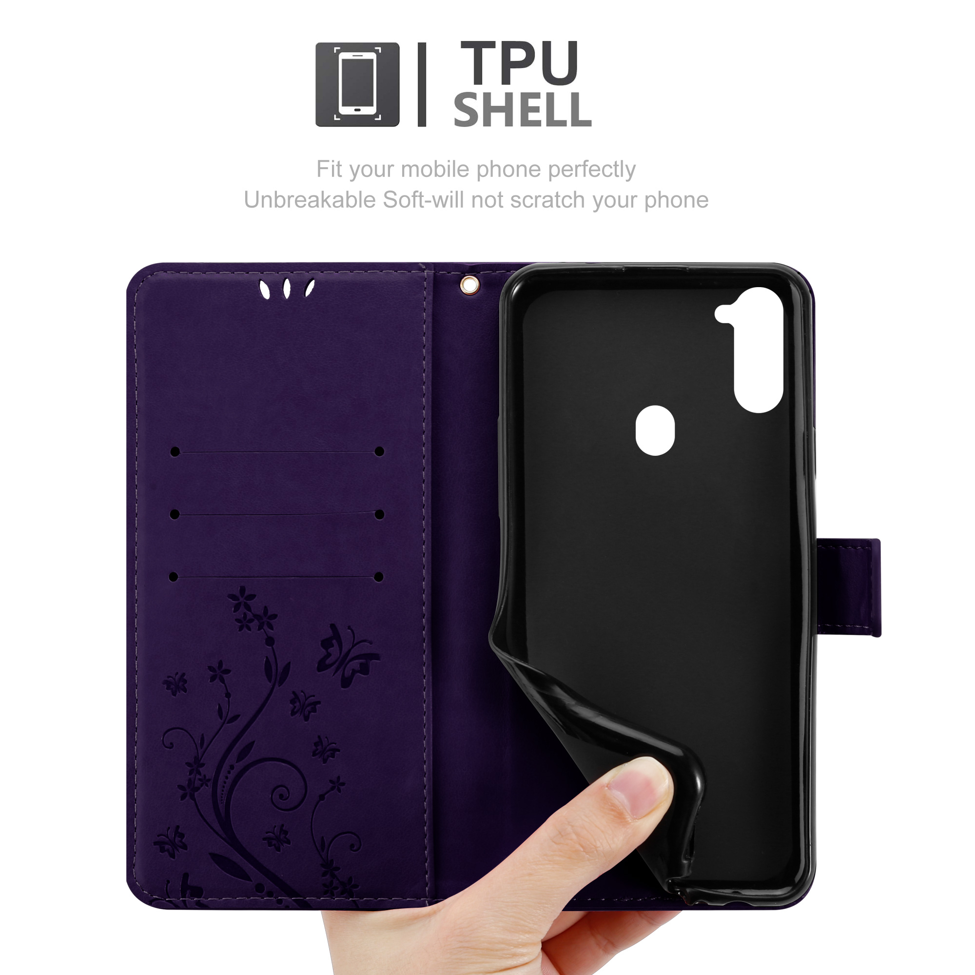 Custodia viola per telefono aperta. Il telefono è all'interno della custodia. Il testo mostra TPU SHELL. Design floreale sulla custodia.