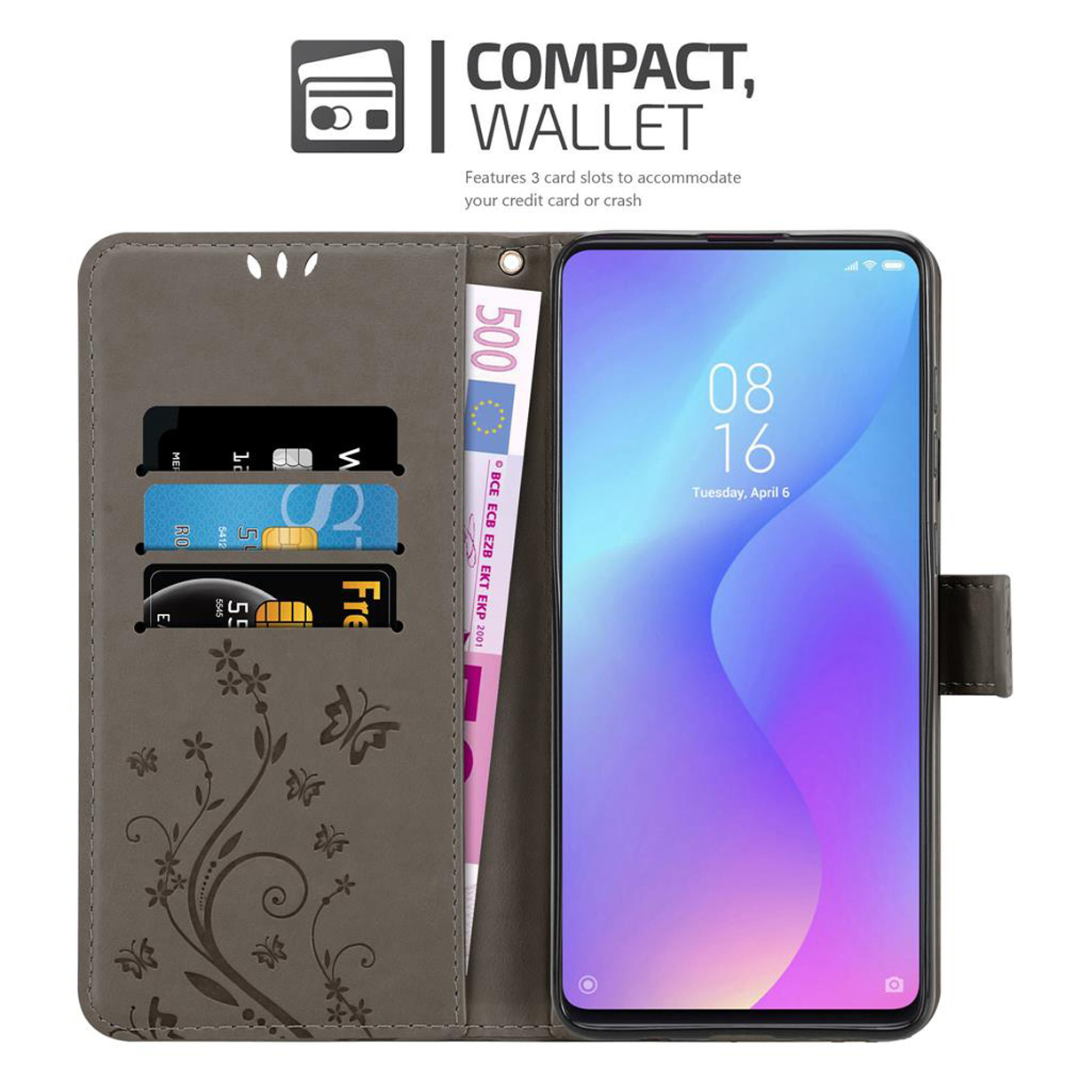 Telefono in una custodia a portafoglio con carte e banconota da 500 euro. La custodia ha un design floreale, è aperta e mostra schermo.