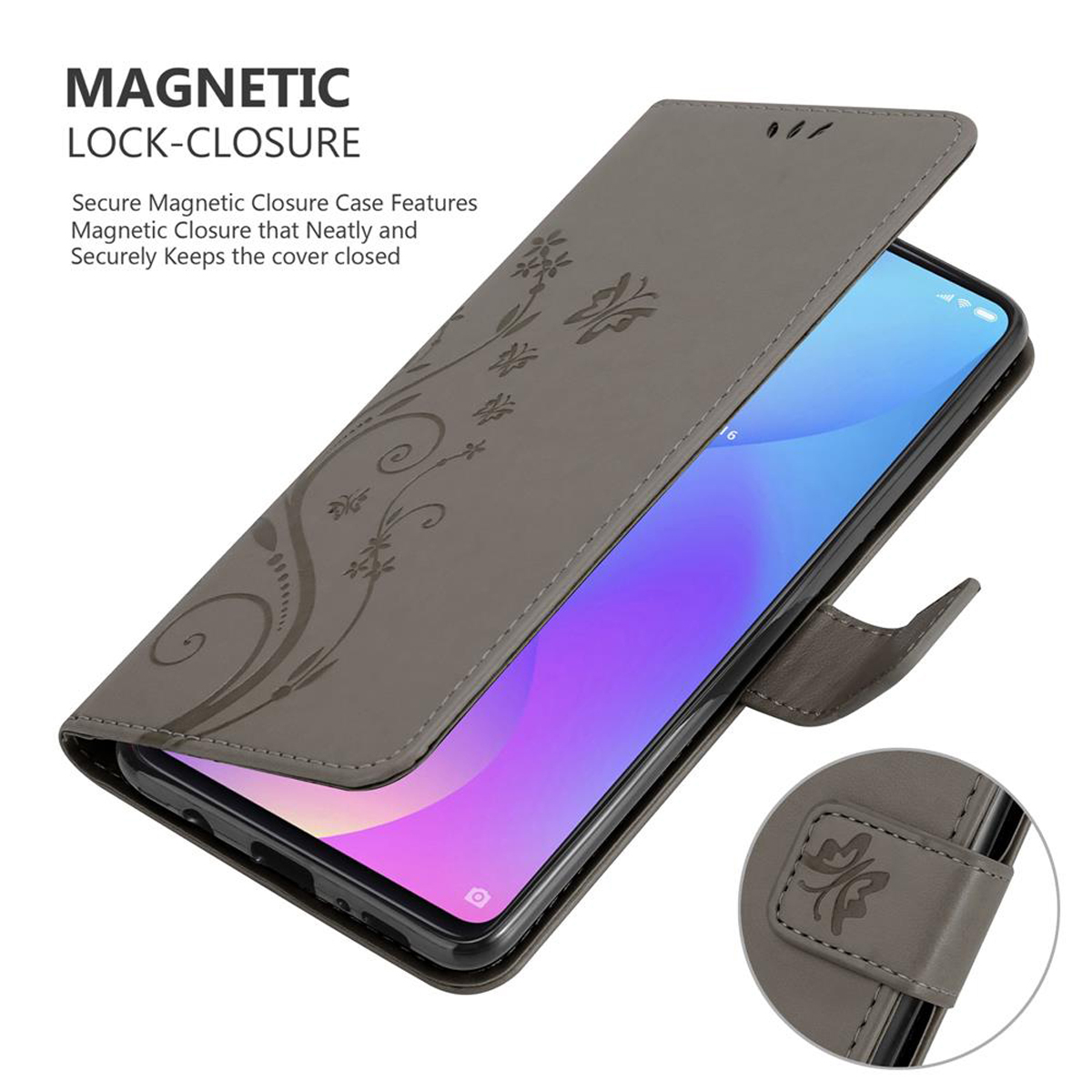 Custodia grigia per telefono con design floreale, parzialmente aperta, che mostra uno schermo del telefono.
