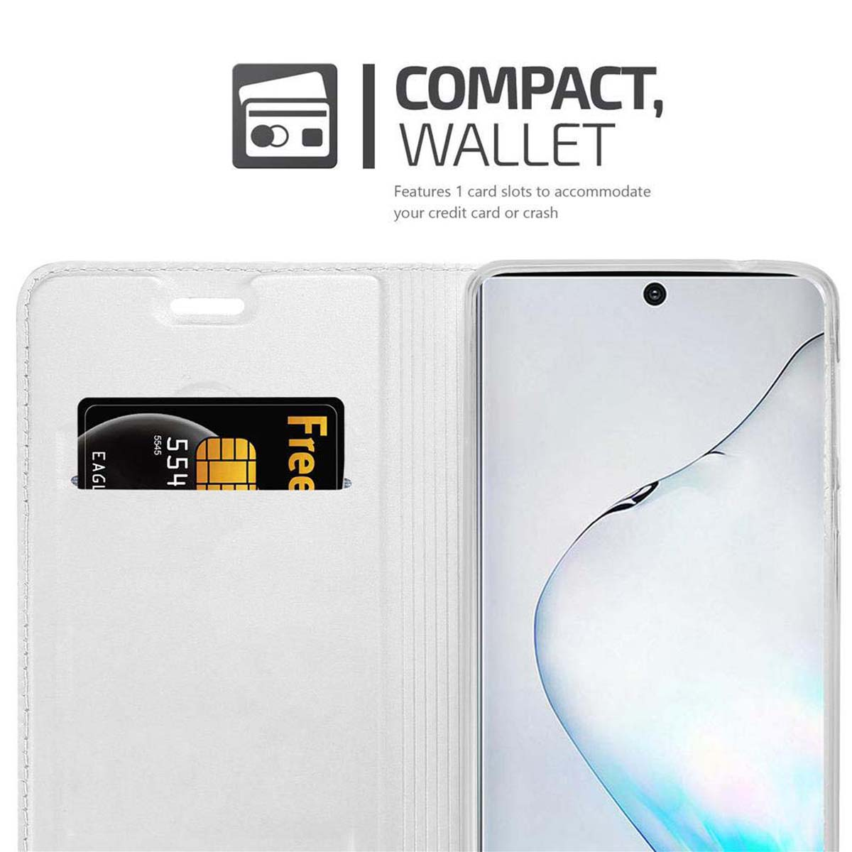 Custodia a portafoglio bianca per telefono con telefono all'interno e uno scomparto per carte con una carta.